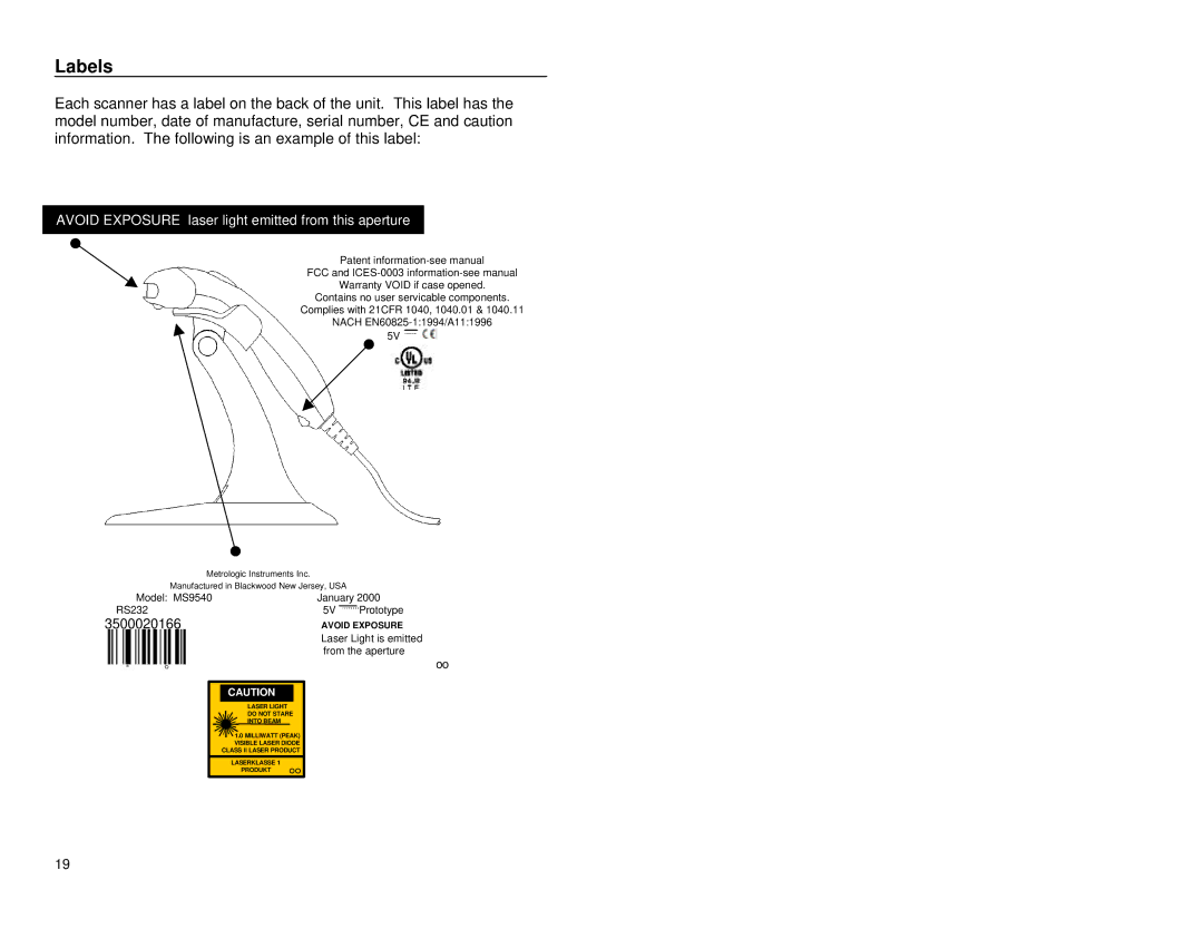 Metrologic Instruments MS9500 manual Labels, Avoid Exposure laser light emitted from this aperture 