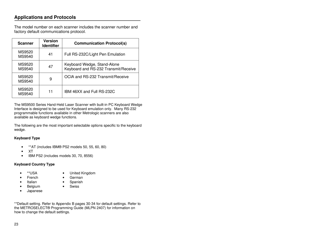 Metrologic Instruments MS9500 manual Applications and Protocols, Scanner Version Communication Protocols Identifier 