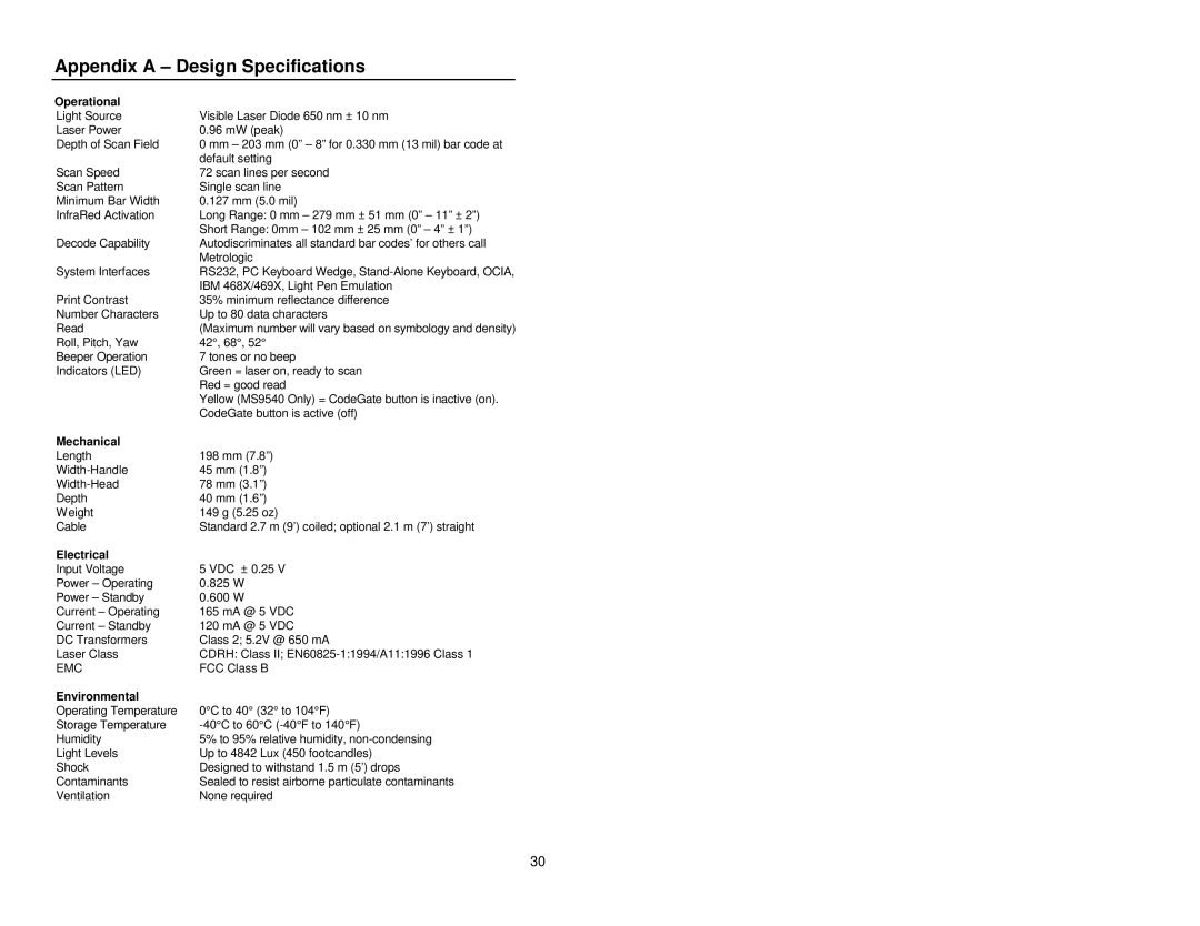 Metrologic Instruments MS9500 manual Appendix a Design Specifications, Operational 