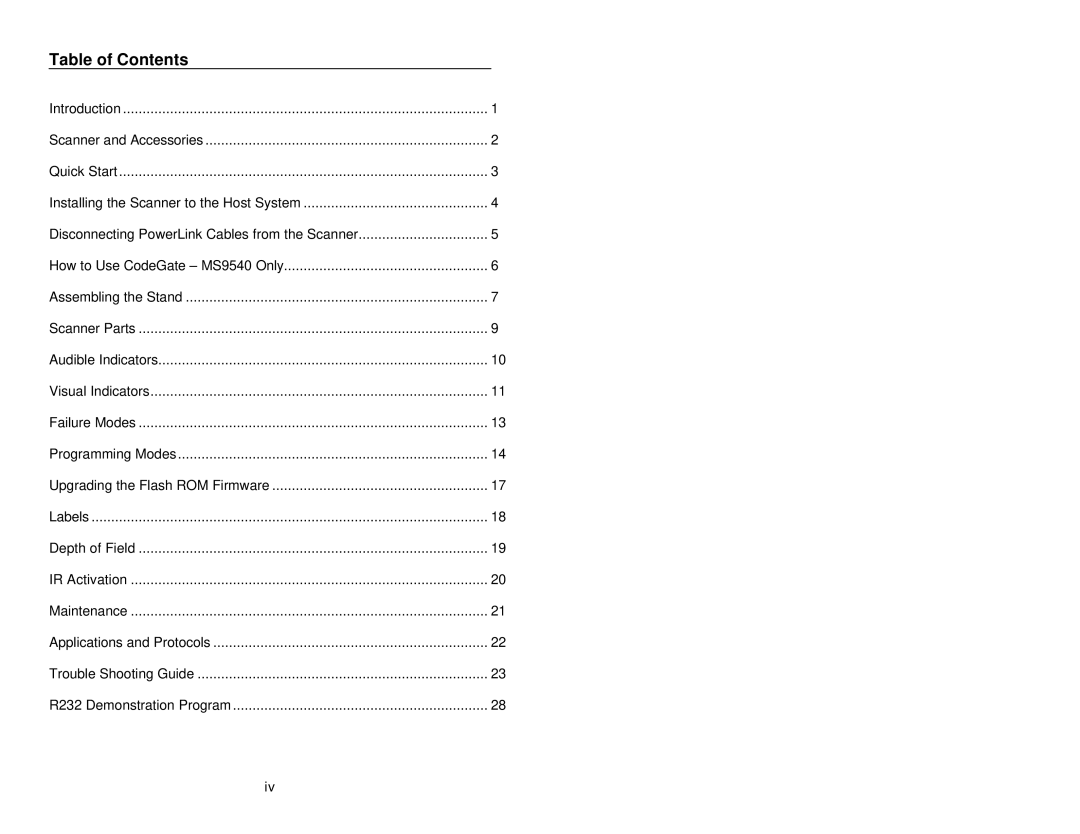 Metrologic Instruments MS9500 manual Table of Contents 