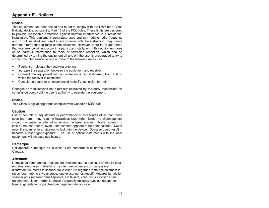 Metrologic Instruments MS9500 manual Appendix E Notices, Remarque 