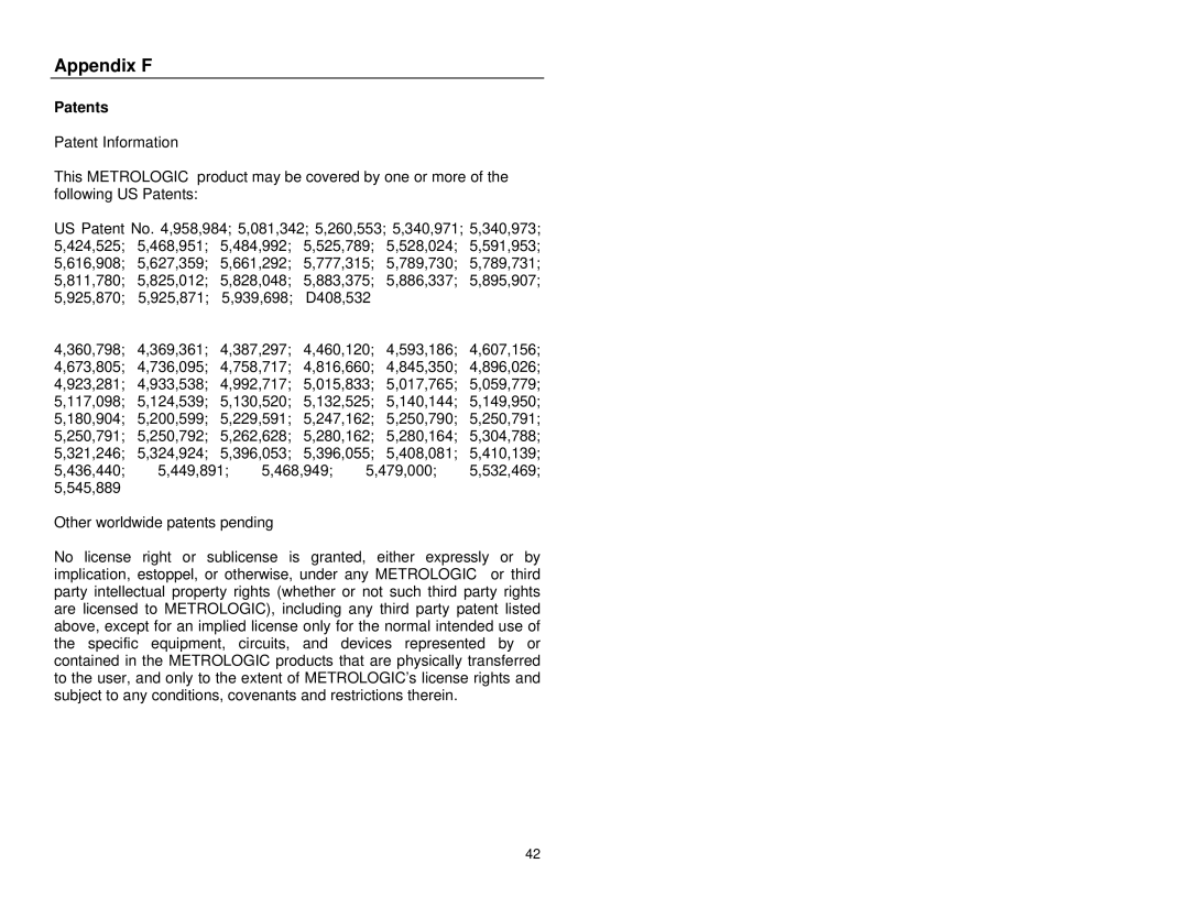 Metrologic Instruments MS9500 manual Appendix F, Patents 