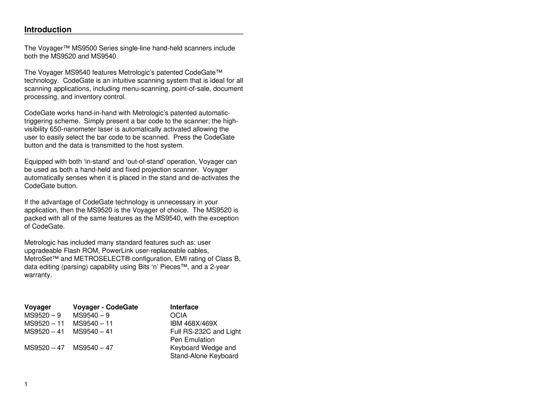 Metrologic Instruments MS9500 manual Introduction, Voyager Voyager CodeGate Interface 