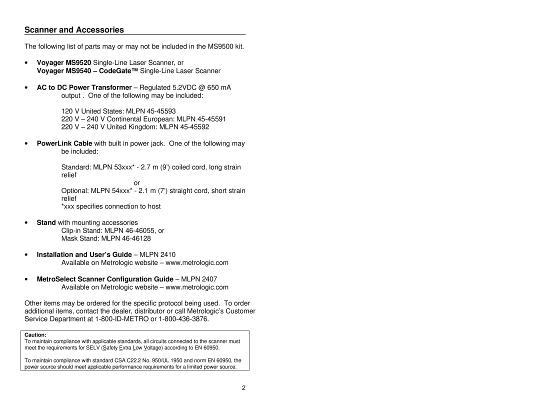 Metrologic Instruments MS9500 manual Scanner and Accessories, Voyager MS9540 CodeGate Single-Line Laser Scanner 