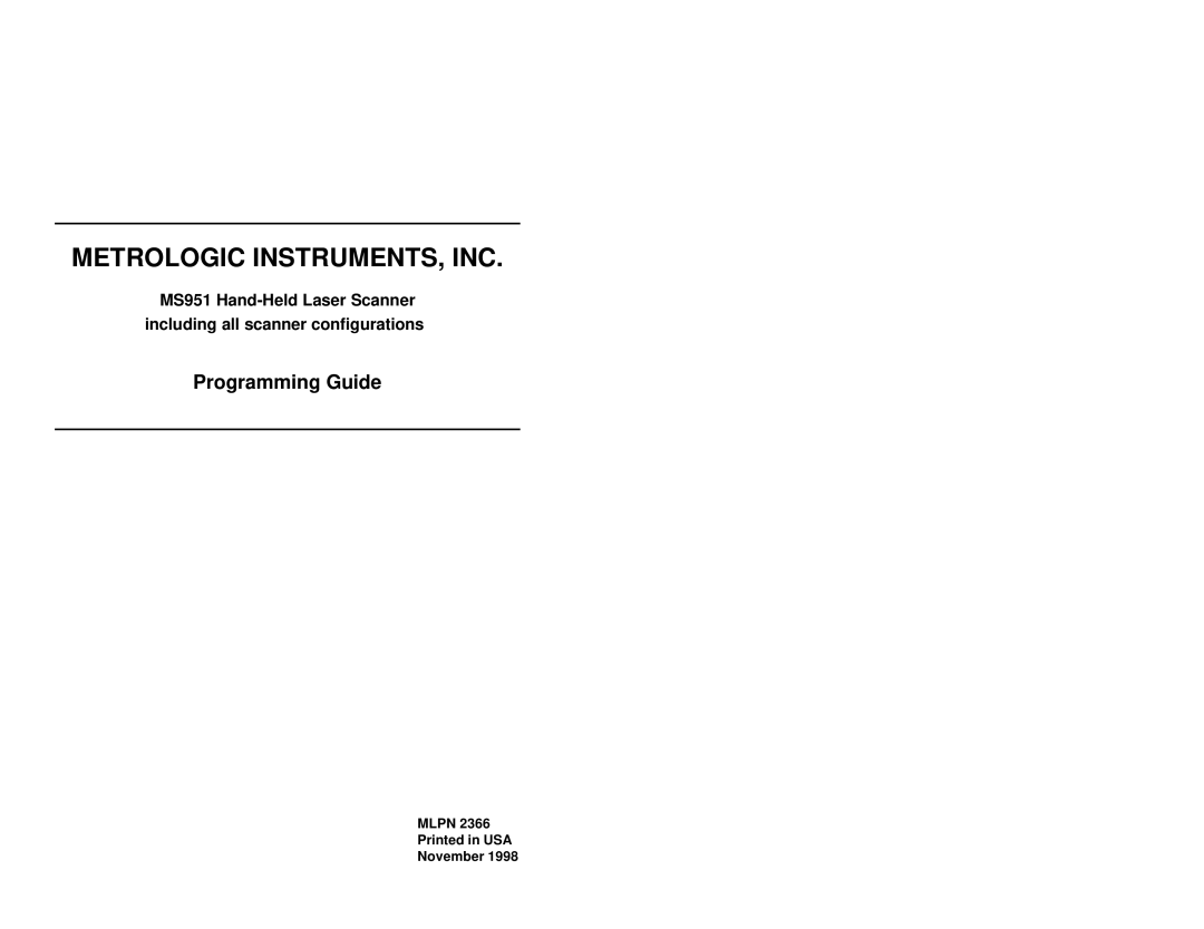 Metrologic Instruments MS951 manual Metrologic INSTRUMENTS, INC 