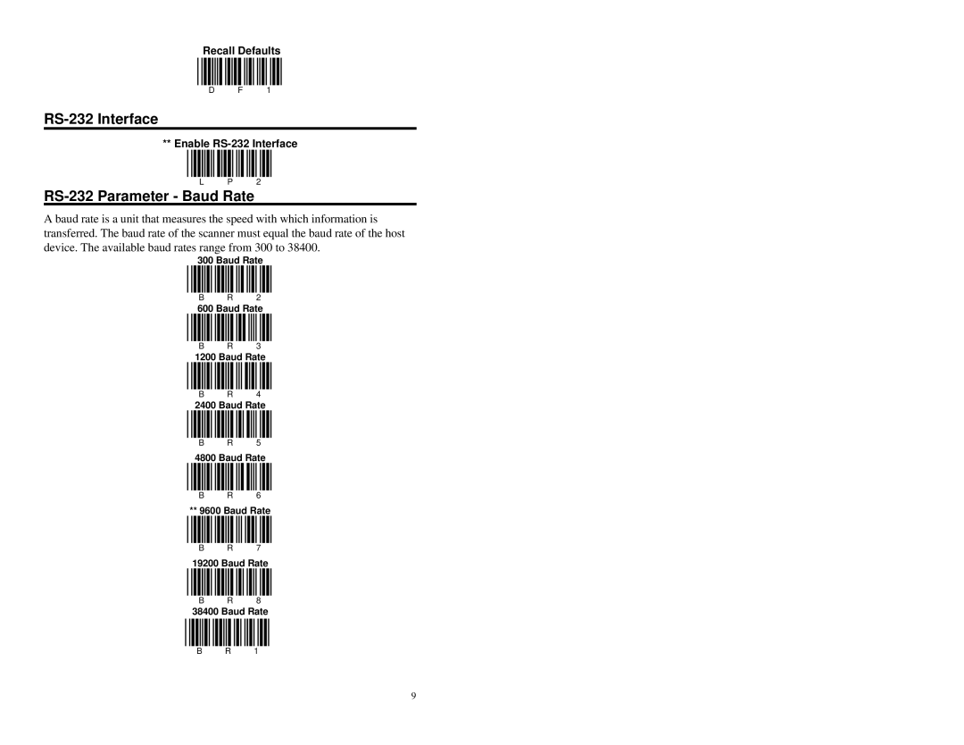 Metrologic Instruments MS951 manual RS-232 Interface, RS-232 Parameter Baud Rate 