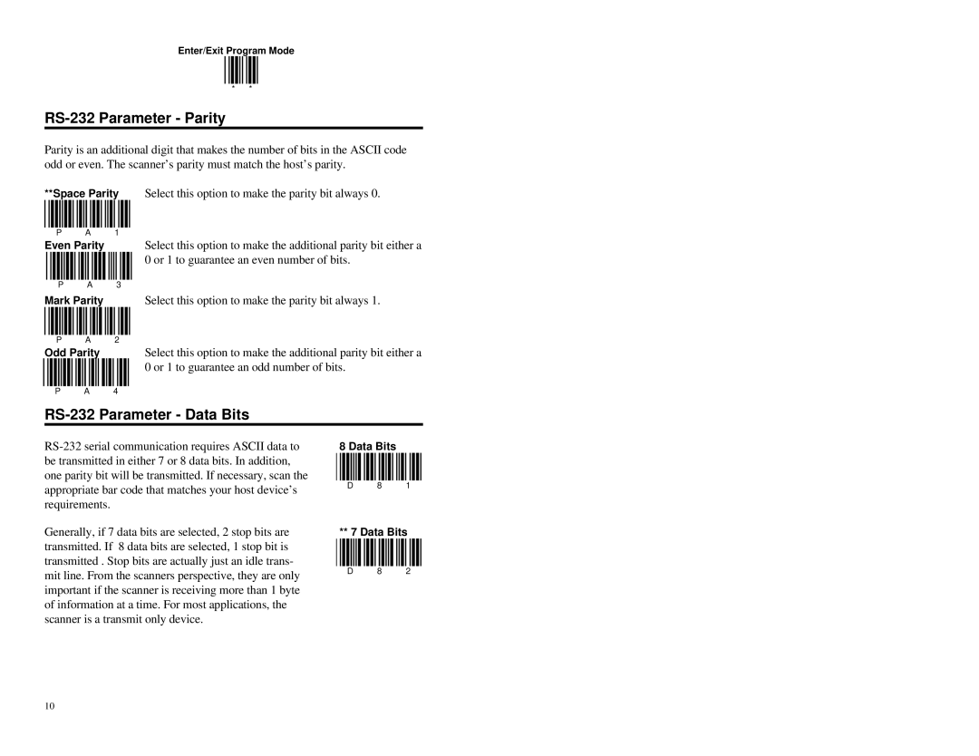 Metrologic Instruments MS951 manual RS-232 Parameter Parity, RS-232 Parameter Data Bits 