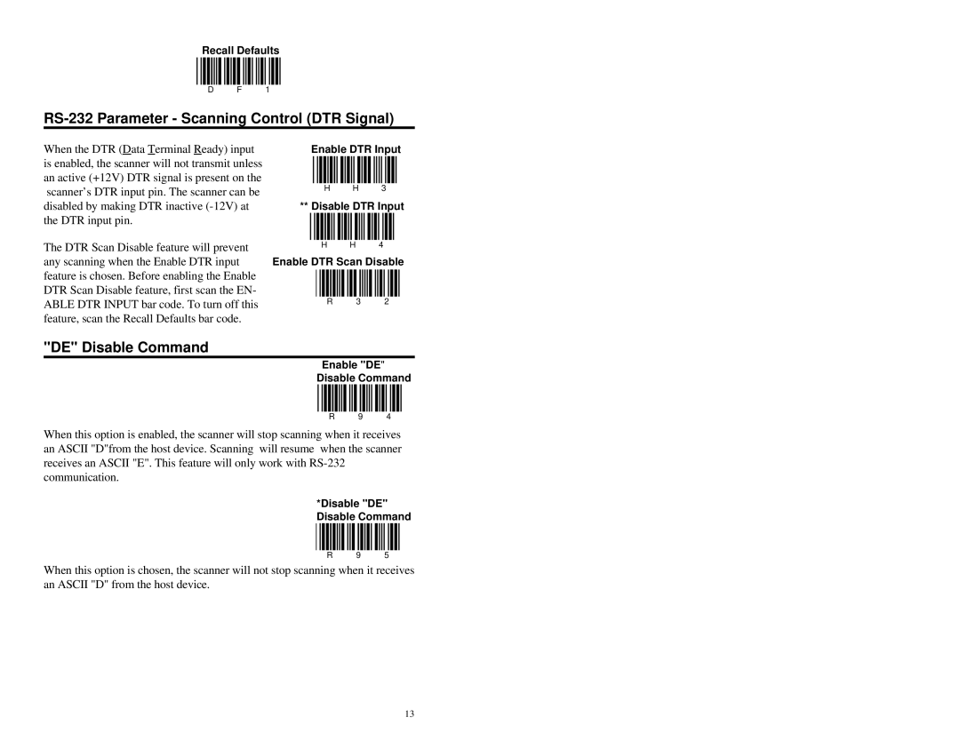 Metrologic Instruments MS951 manual RS-232 Parameter Scanning Control DTR Signal, DE Disable Command 