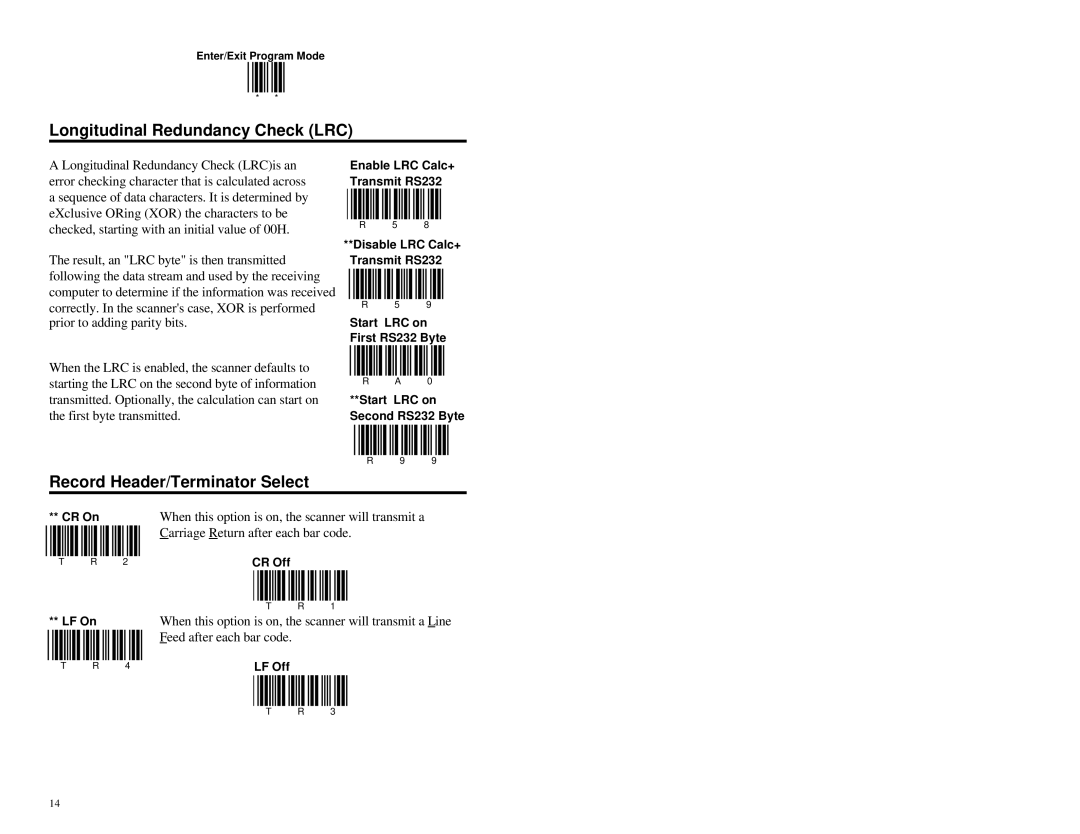 Metrologic Instruments MS951 manual Longitudinal Redundancy Check LRC, Record Header/Terminator Select 