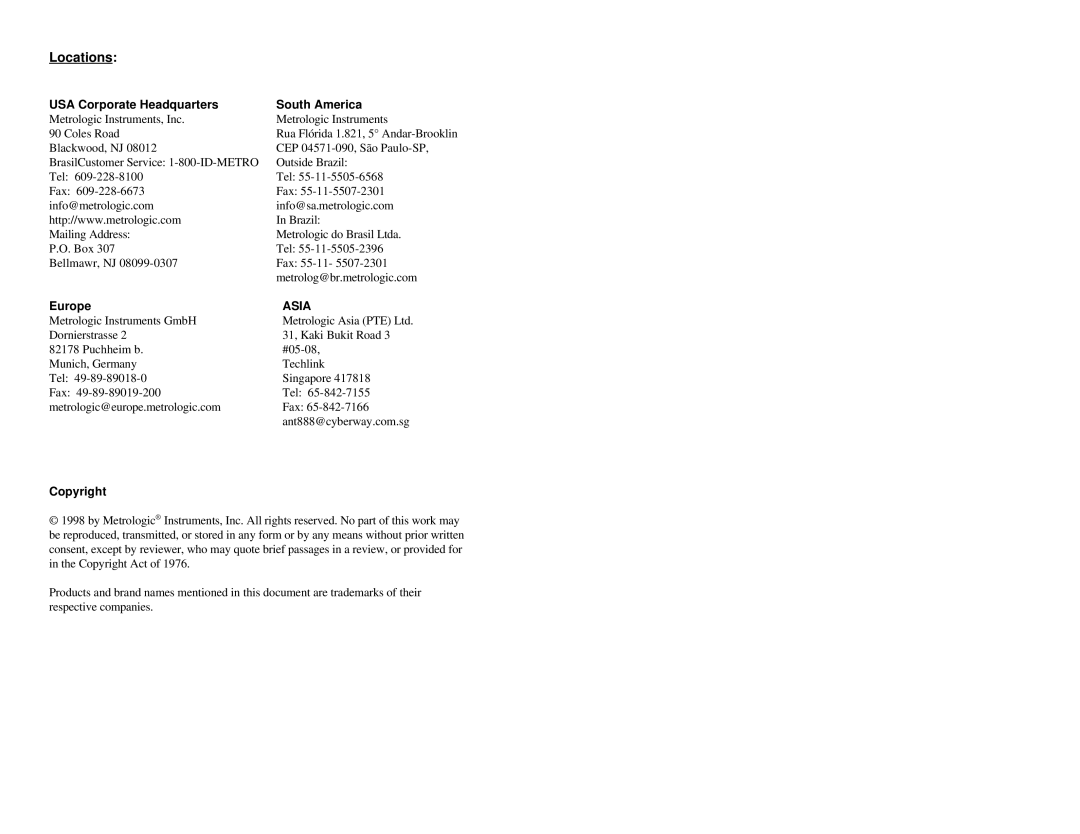 Metrologic Instruments MS951 manual Locations 