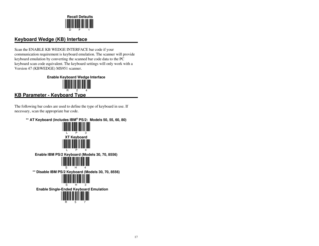 Metrologic Instruments MS951 manual Keyboard Wedge KB Interface, KB Parameter Keyboard Type 
