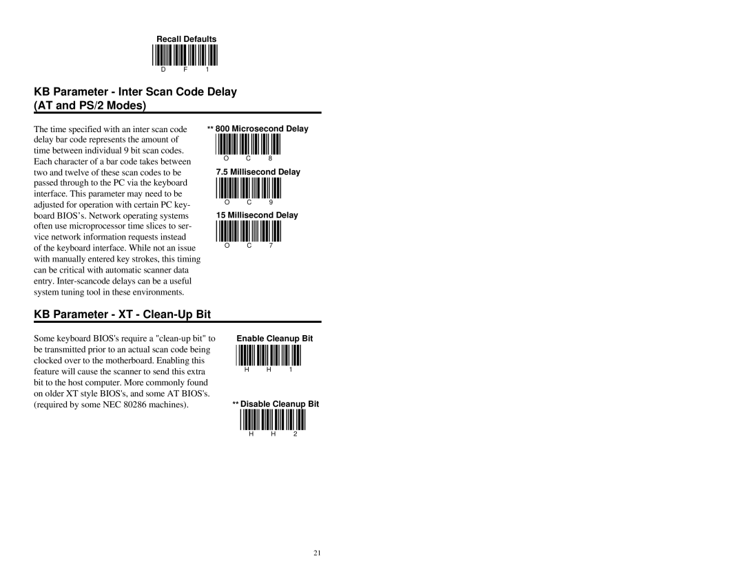 Metrologic Instruments MS951 manual KB Parameter Inter Scan Code Delay AT and PS/2 Modes, KB Parameter XT Clean-Up Bit 