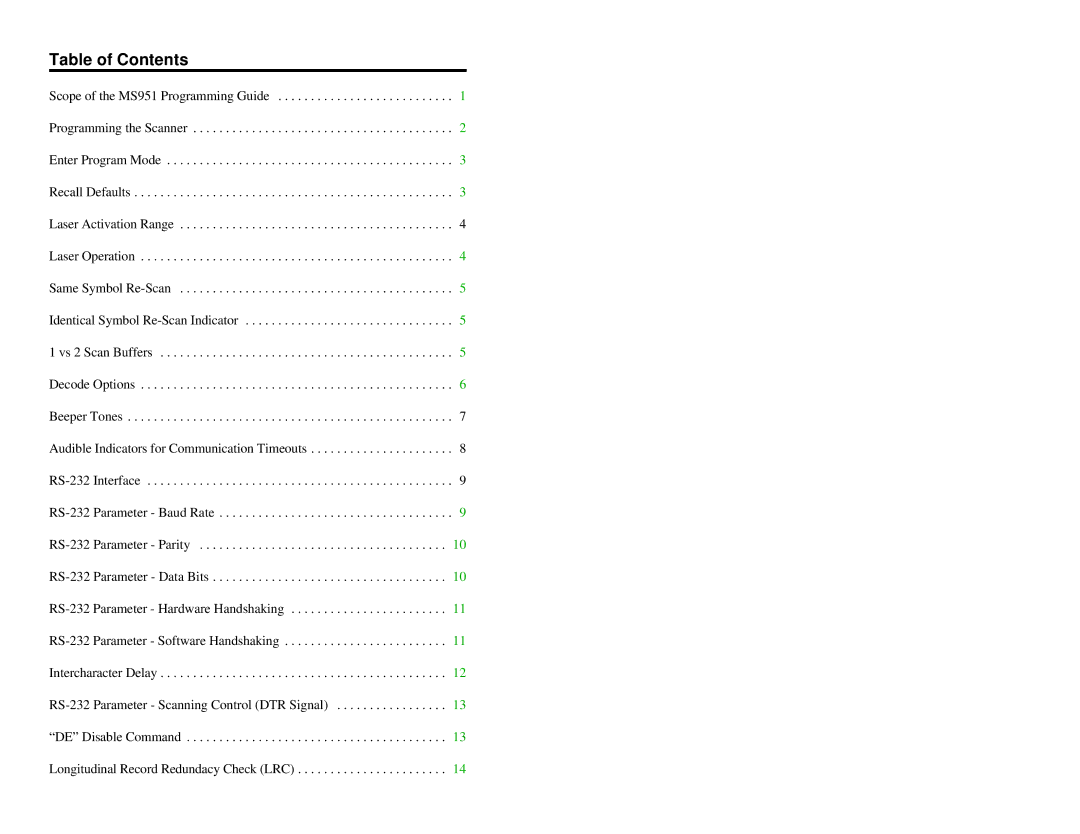 Metrologic Instruments MS951 manual Table of Contents 