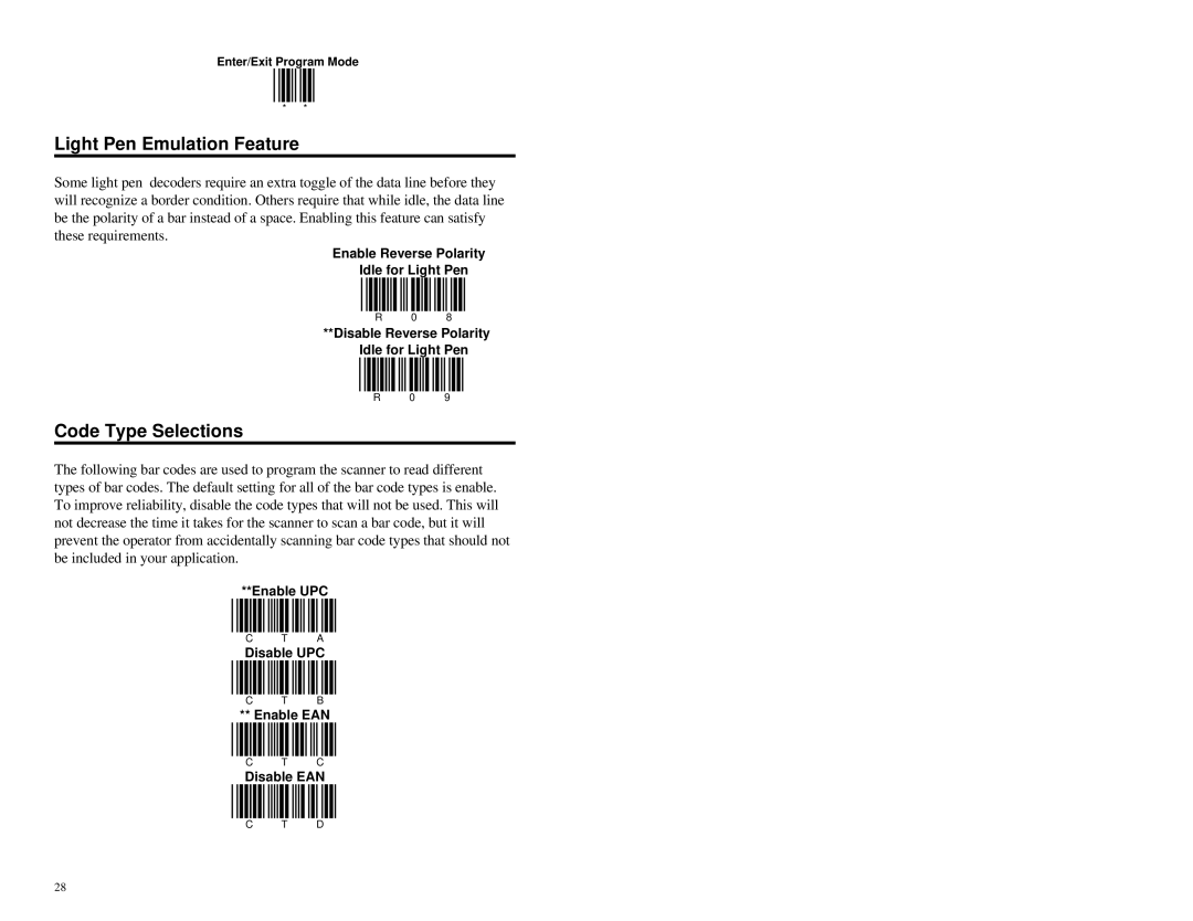 Metrologic Instruments MS951 manual Light Pen Emulation Feature, Code Type Selections 