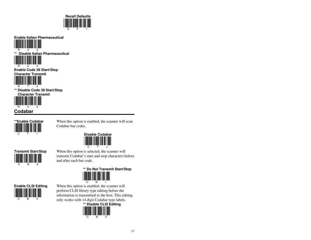 Metrologic Instruments MS951 manual Codabar, Enable Clsi Editing Do Not Transmit Start/Stop 