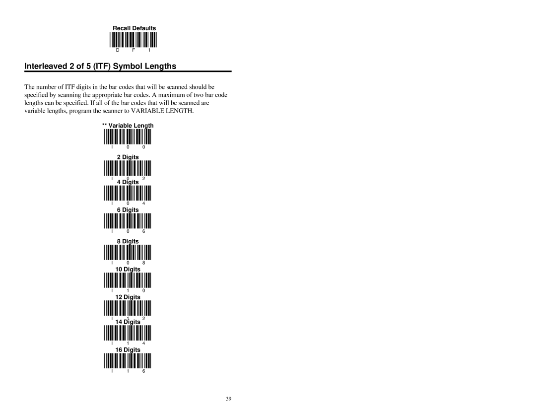 Metrologic Instruments MS951 manual Interleaved 2 of 5 ITF Symbol Lengths 