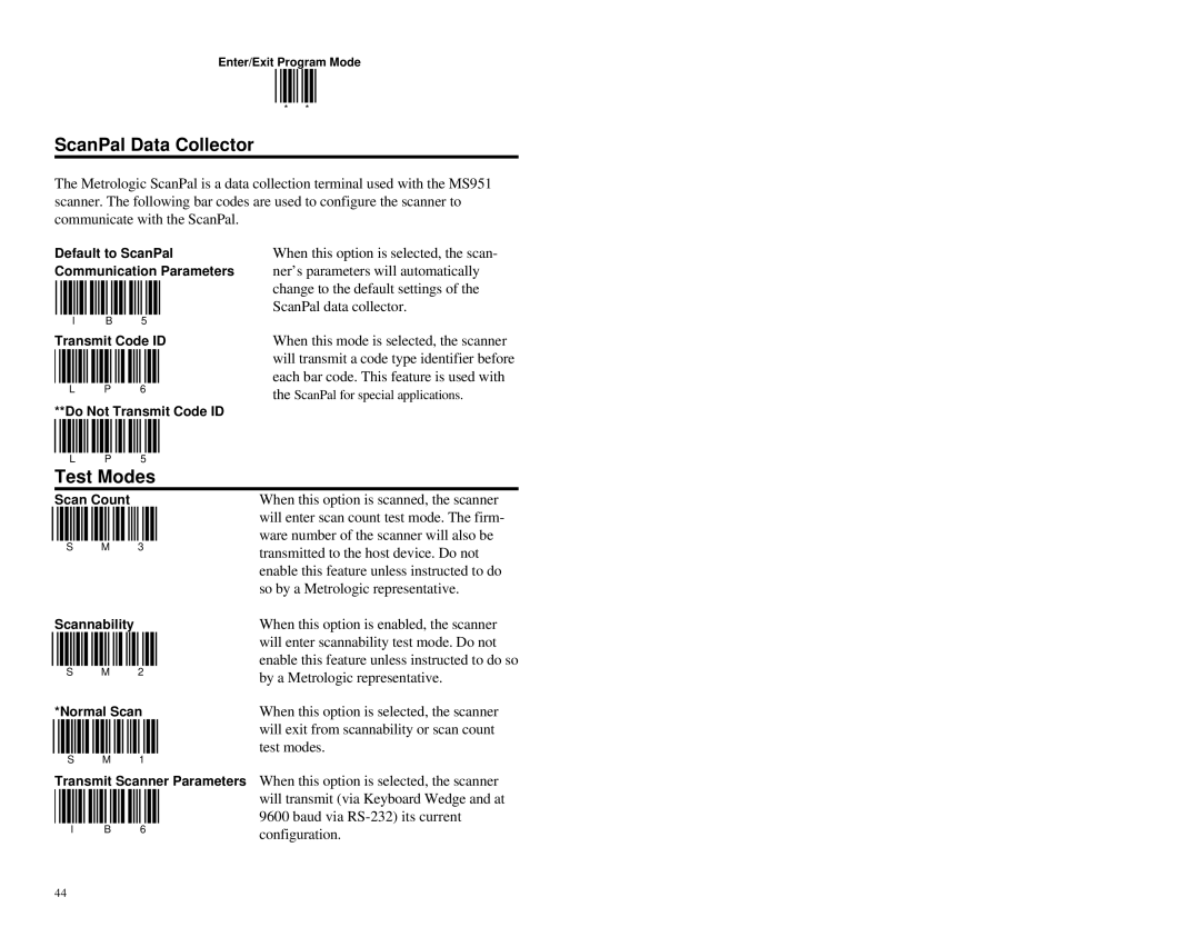 Metrologic Instruments MS951 manual ScanPal Data Collector, Test Modes 