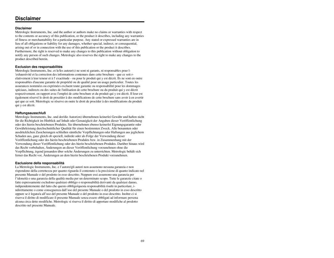 Metrologic Instruments MS951 manual Disclaimer 