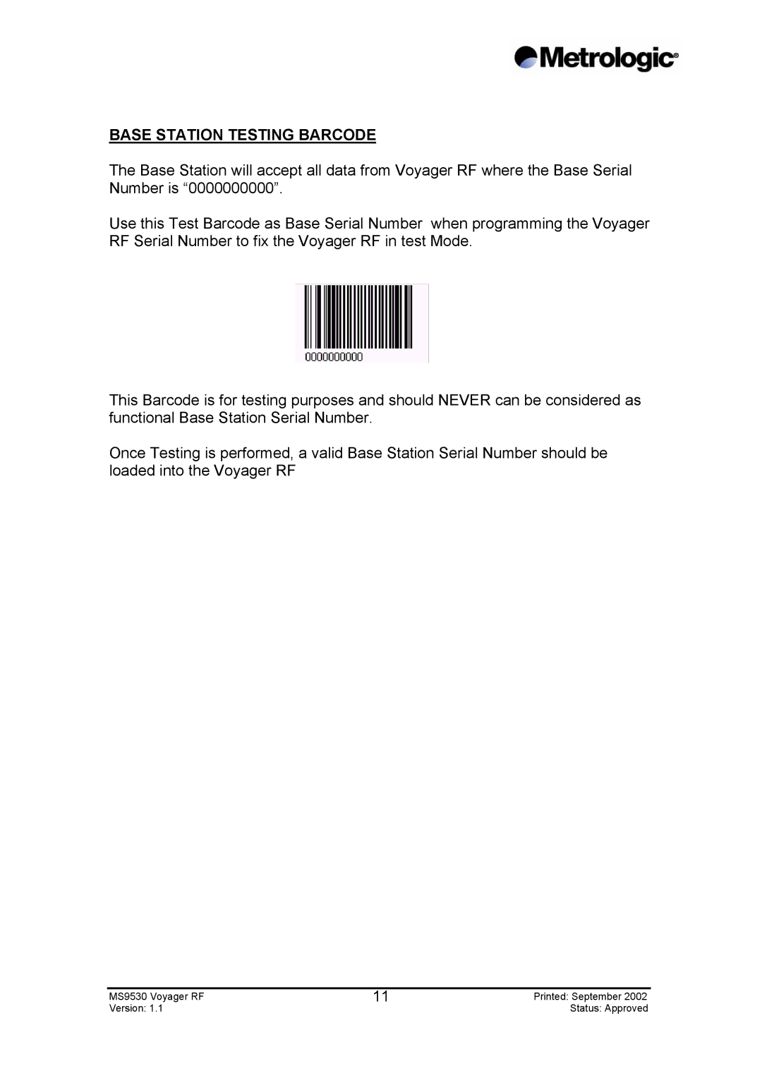 Metrologic Instruments MS9530 Series manual Base Station Testing Barcode 