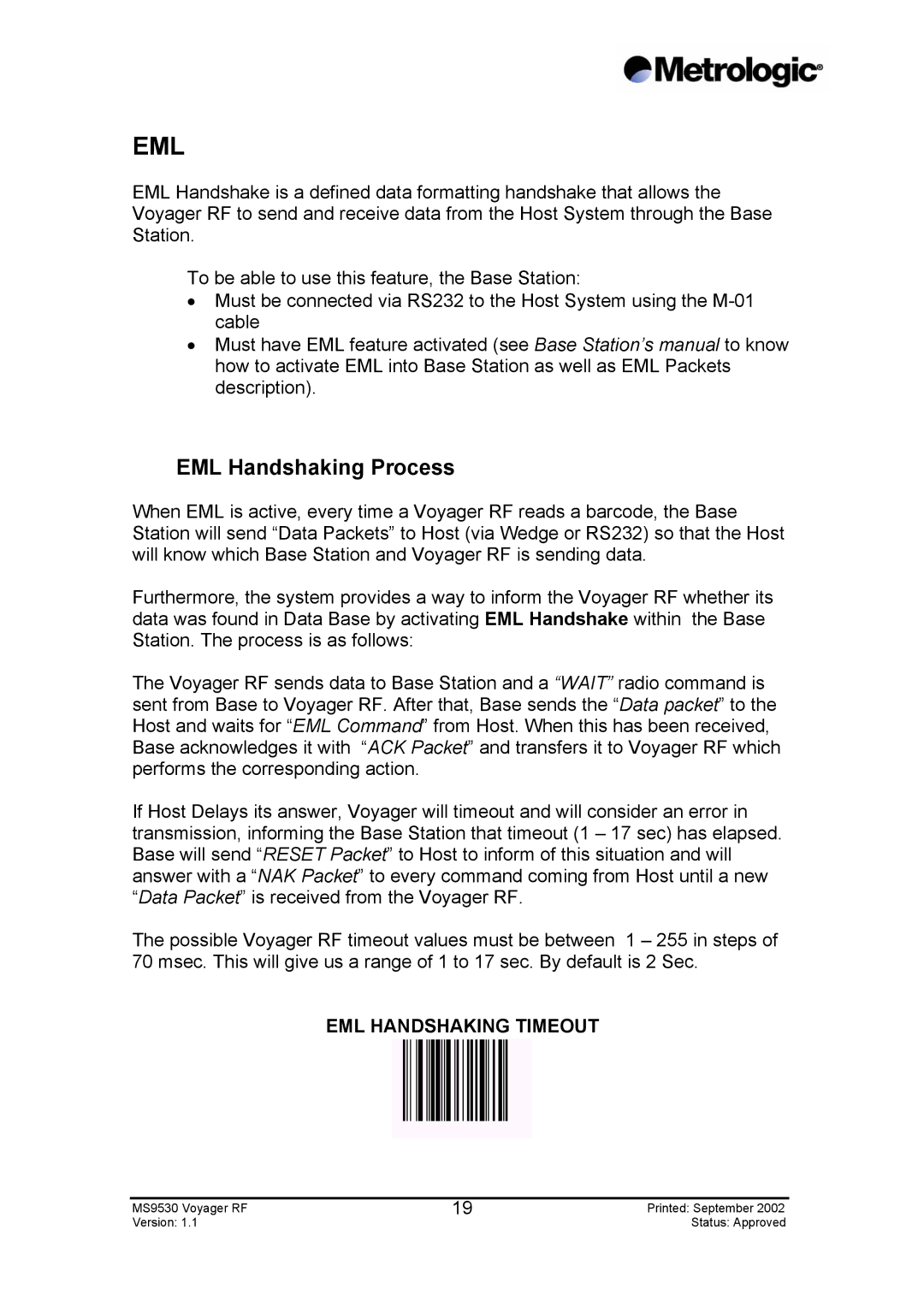 Metrologic Instruments MS9530 Series manual Eml, EML Handshaking Timeout 