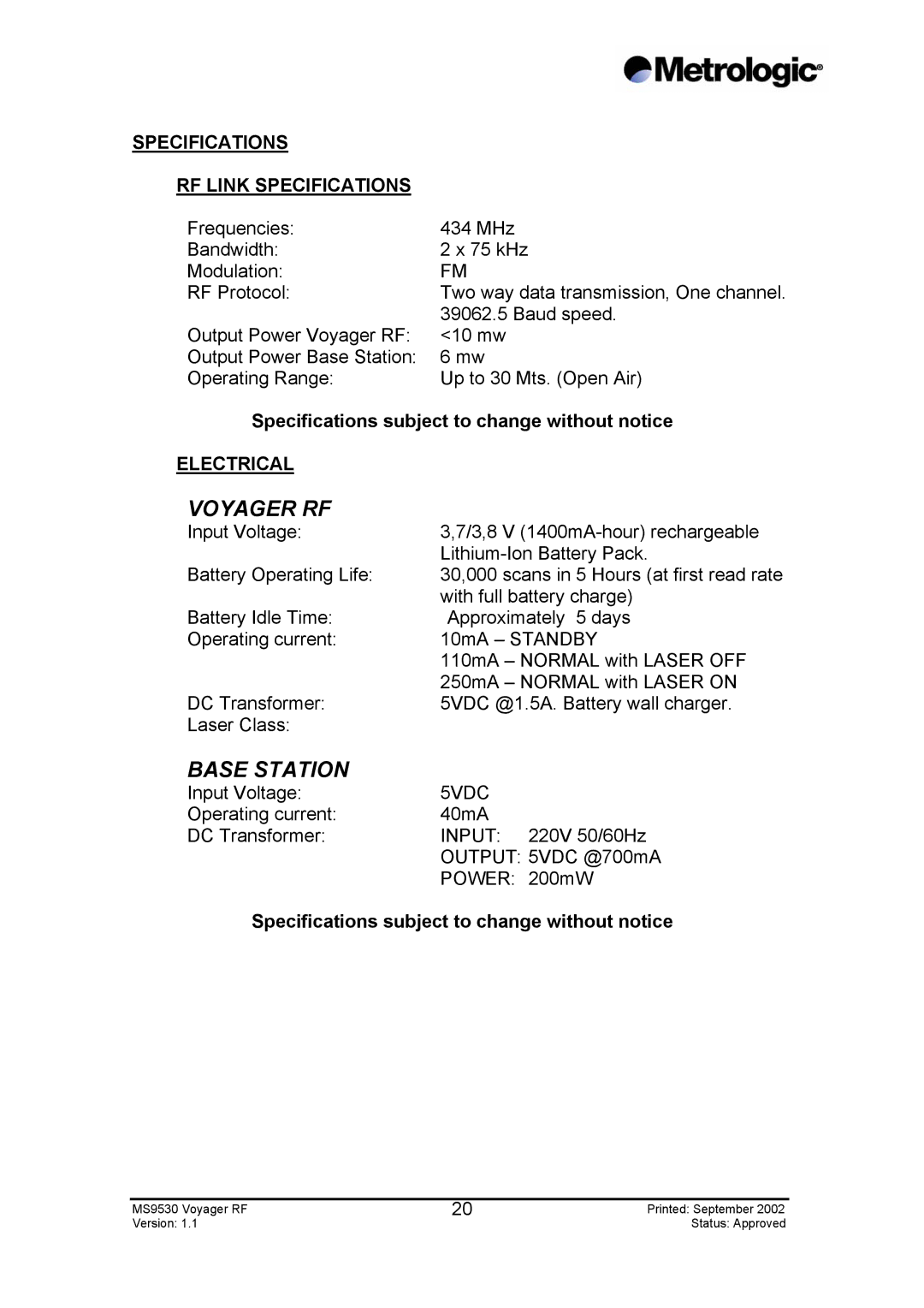 Metrologic Instruments MS9530 Series manual Specifications RF Link Specifications, Electrical 