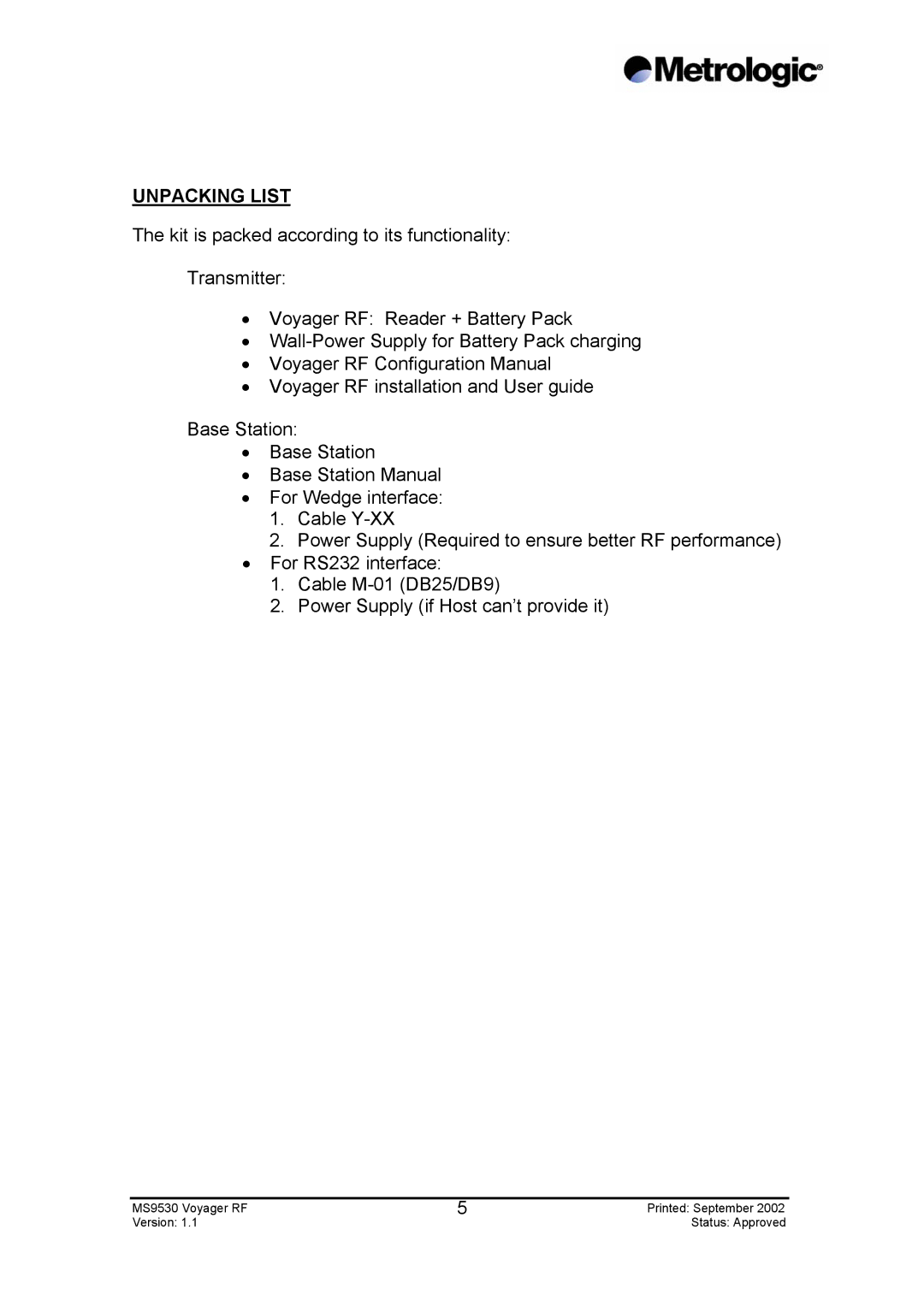 Metrologic Instruments MS9530 Series manual Unpacking List 