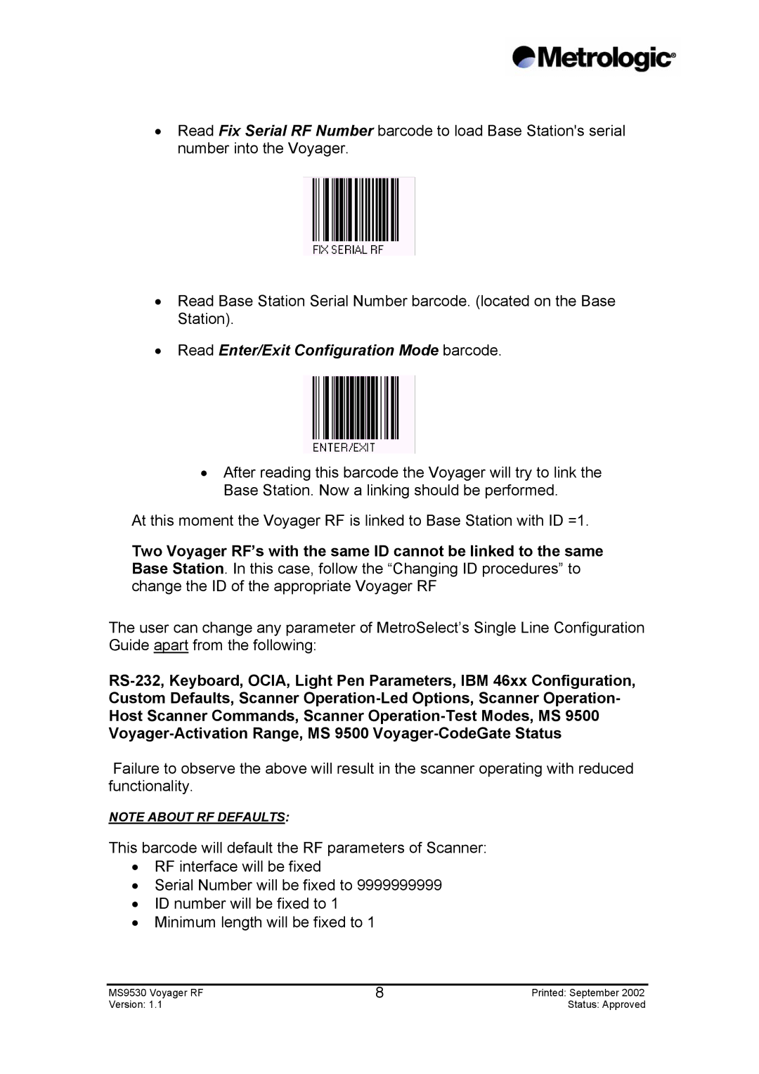 Metrologic Instruments MS9530 Series manual Read Enter/Exit Configuration Mode barcode 