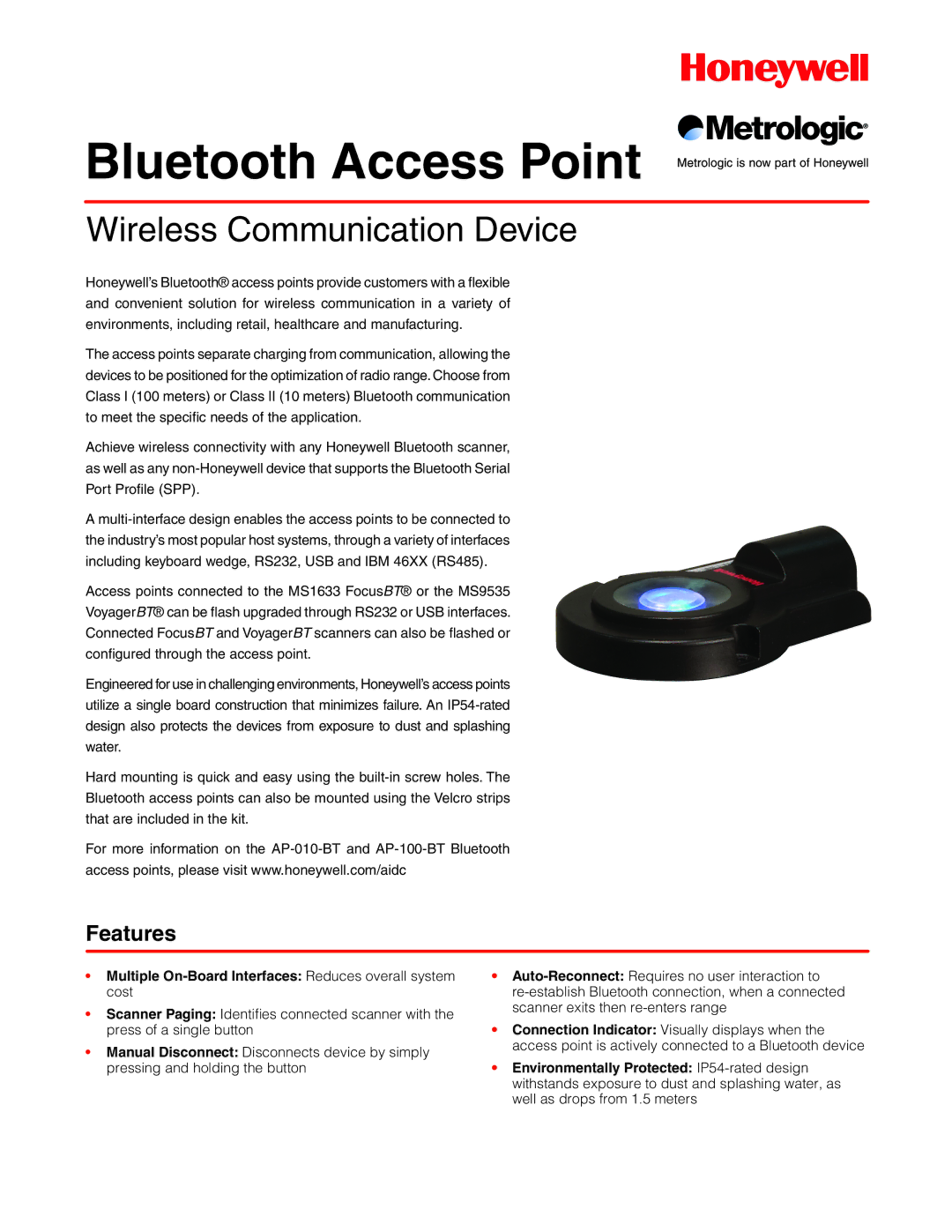 Metrologic Instruments MS9535 manual Bluetooth Access Point, Wireless Communication Device, Features 