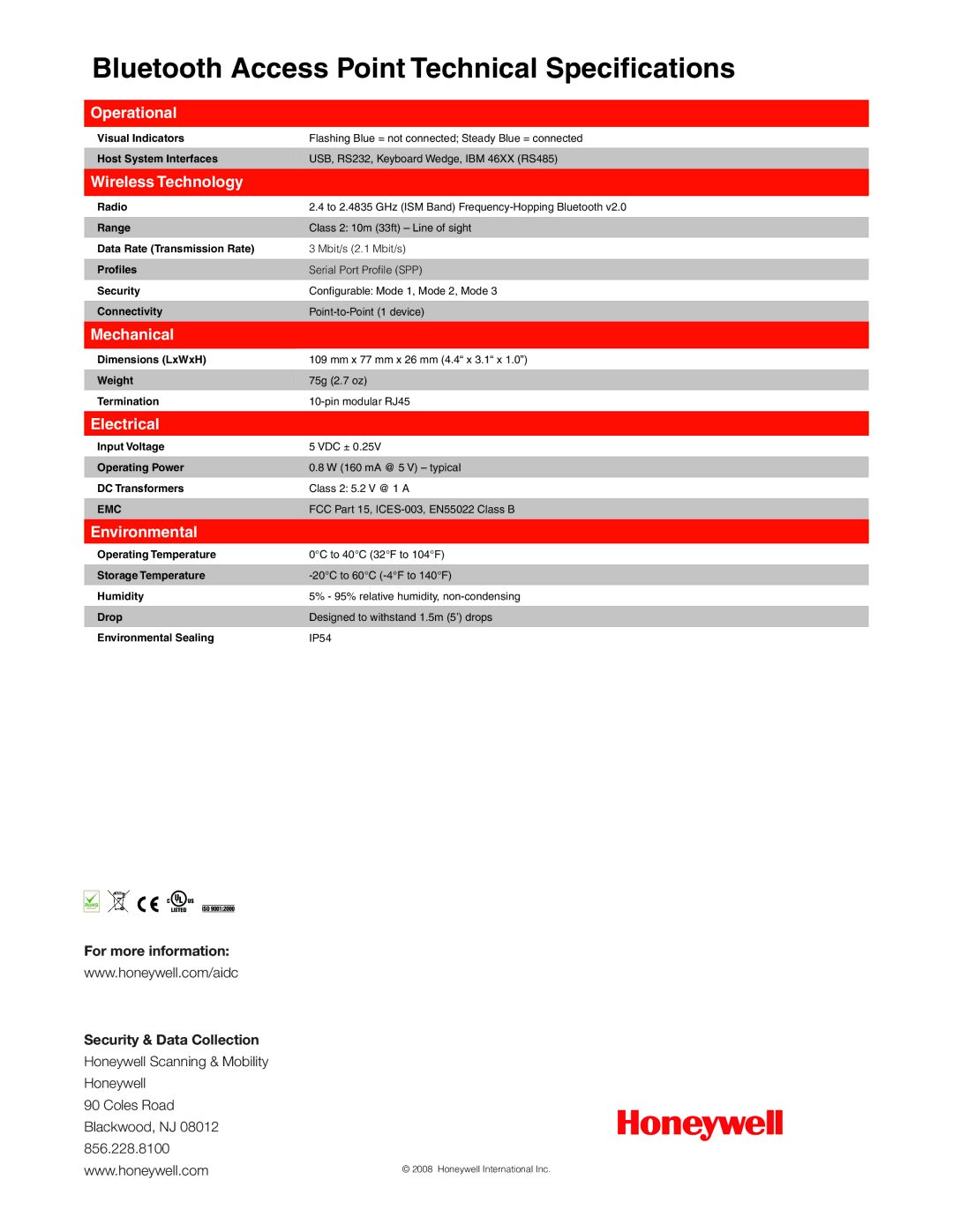 Metrologic Instruments MS9535 manual Bluetooth Access Point Technical Specifications 