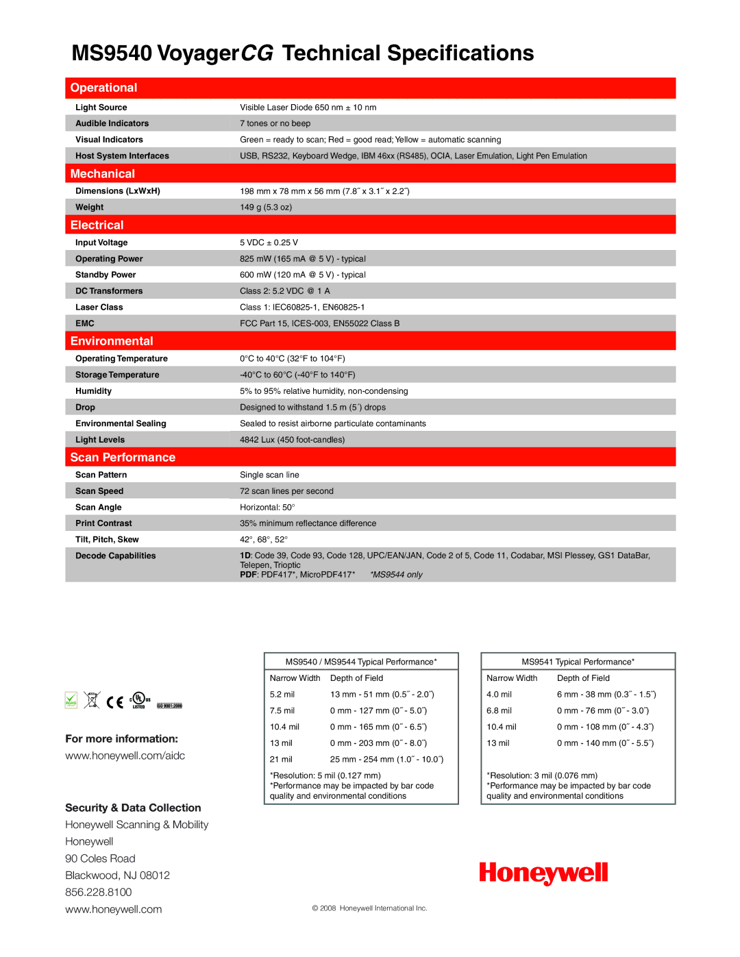 Metrologic Instruments MS9540 manual Operational, Mechanical, Electrical, Environmental, Scan Performance 