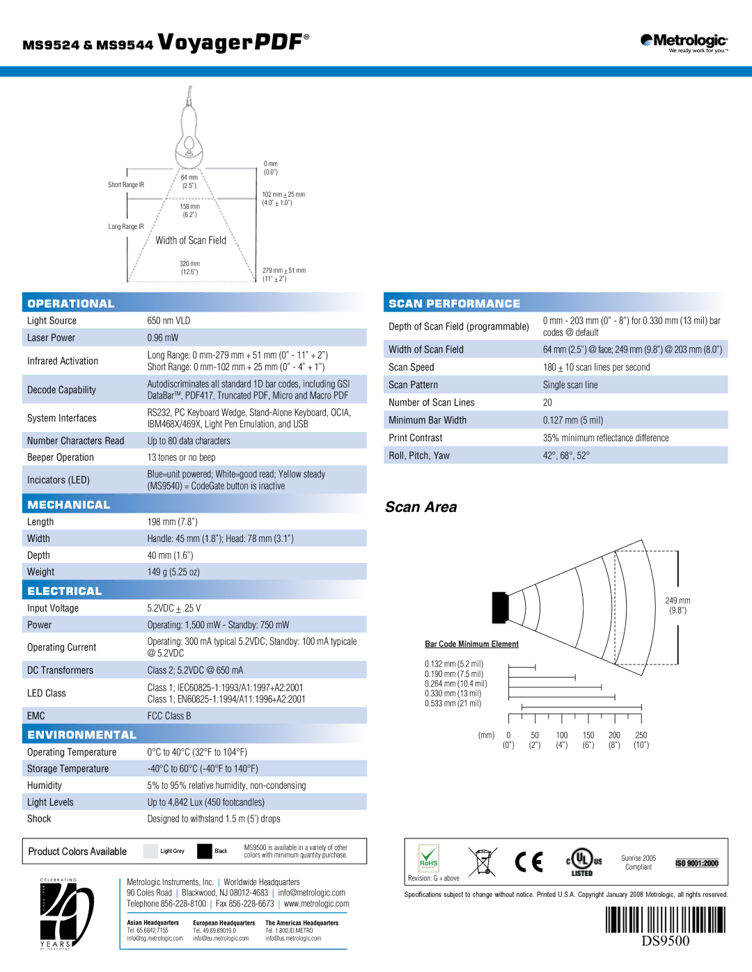 Metrologic Instruments MS9544 manual Operational, Scan Performance, Mechanical, Electrical, Environmental 