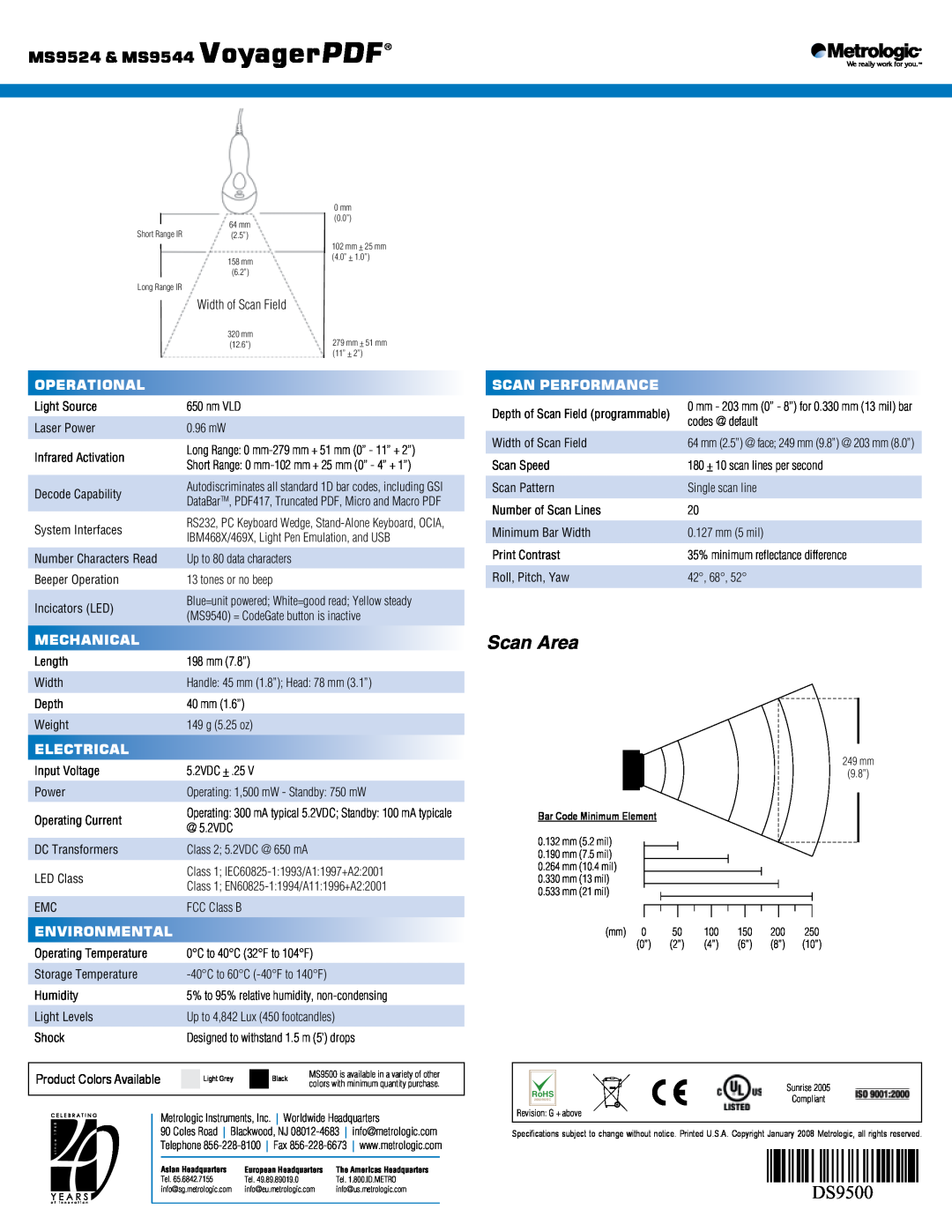 Metrologic Instruments manual Scan Area, DS9500, MS9524 & MS9544 VoyagerPDF, Operational, Scan Performance, Mechanical 