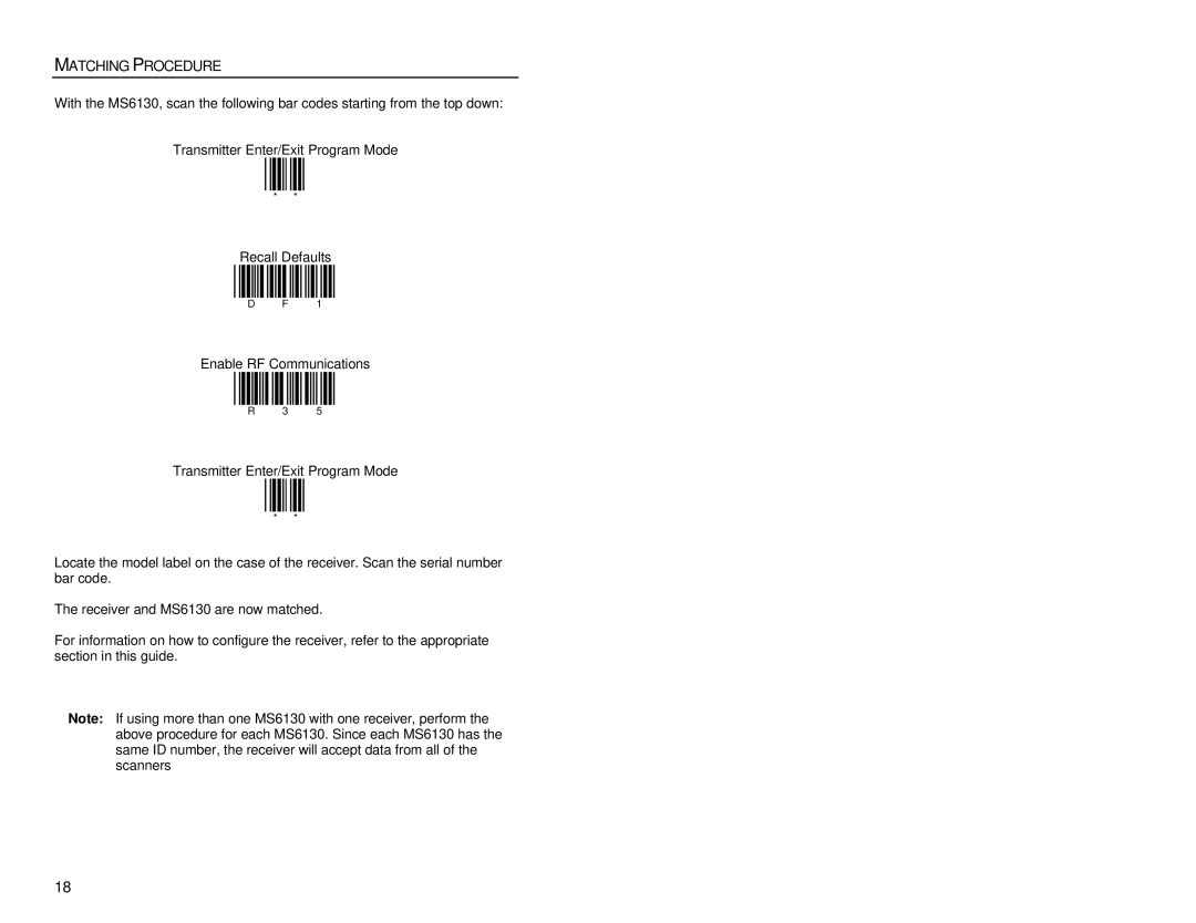 Metrologic Instruments MX003, MS6130 manual Matching Procedure 