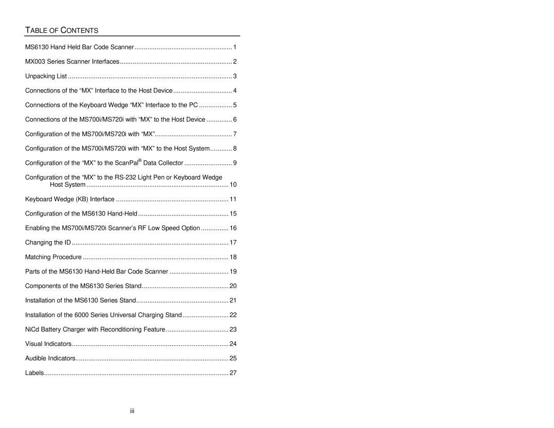 Metrologic Instruments MS6130, MX003 manual Table of Contents 