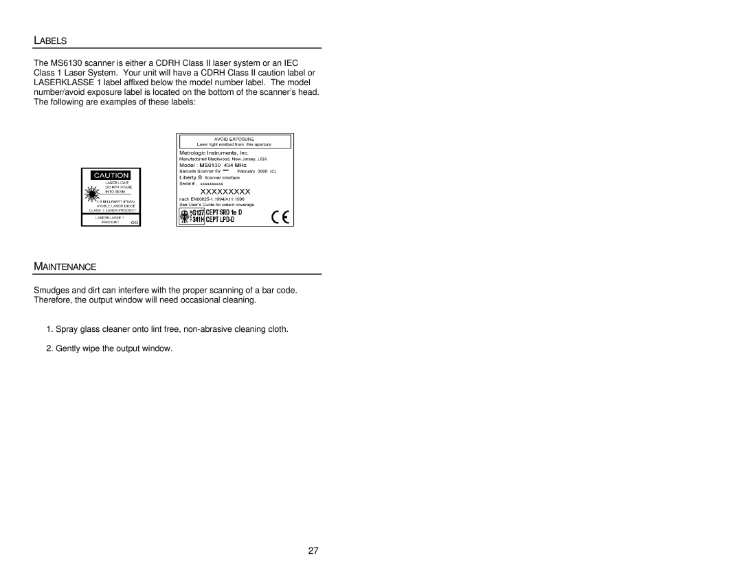 Metrologic Instruments MS6130, MX003 manual Labels, Maintenance 