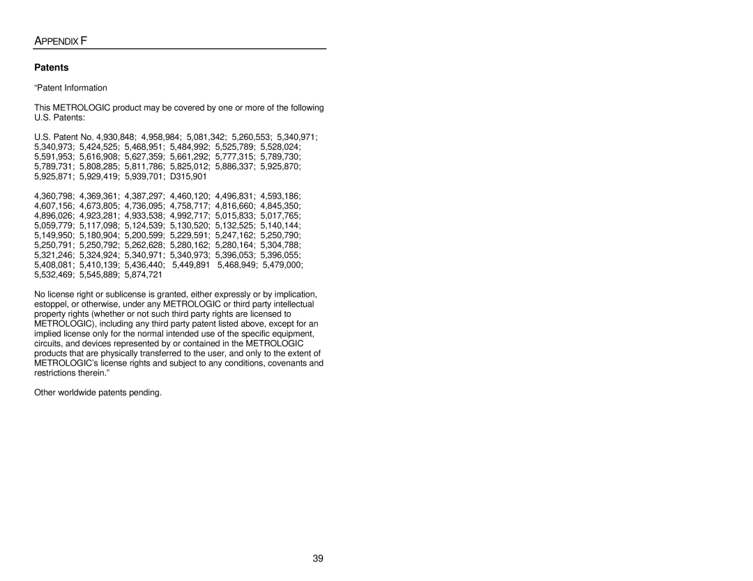 Metrologic Instruments MS6130, MX003 manual Appendix F, Patents 