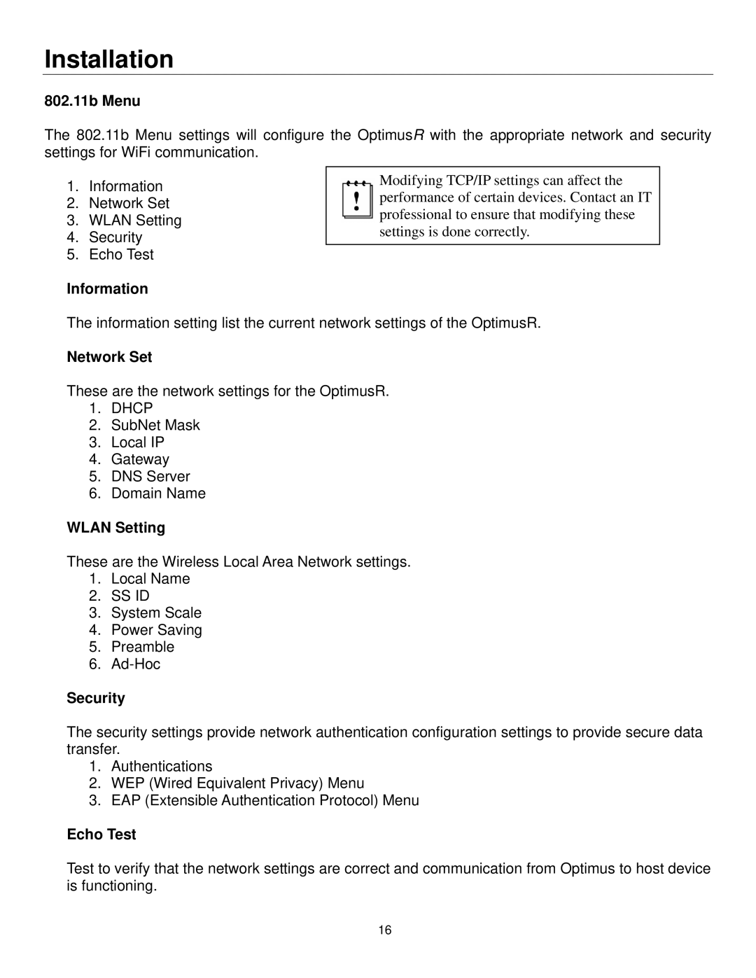 Metrologic Instruments SP5600 manual 802.11b Menu, Network Set, Wlan Setting, Security, Echo Test 