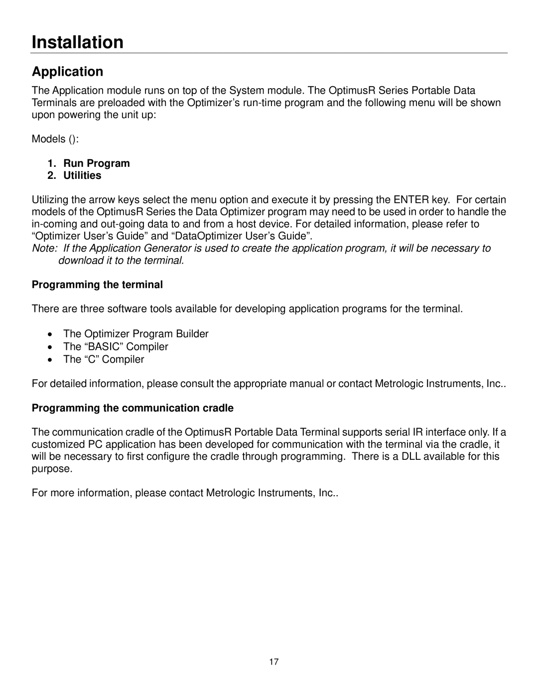 Metrologic Instruments SP5600 manual Application, Run Program Utilities, Programming the terminal 