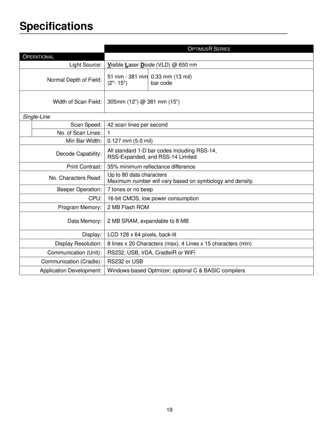 Metrologic Instruments SP5600 manual Specifications, Single-Line 