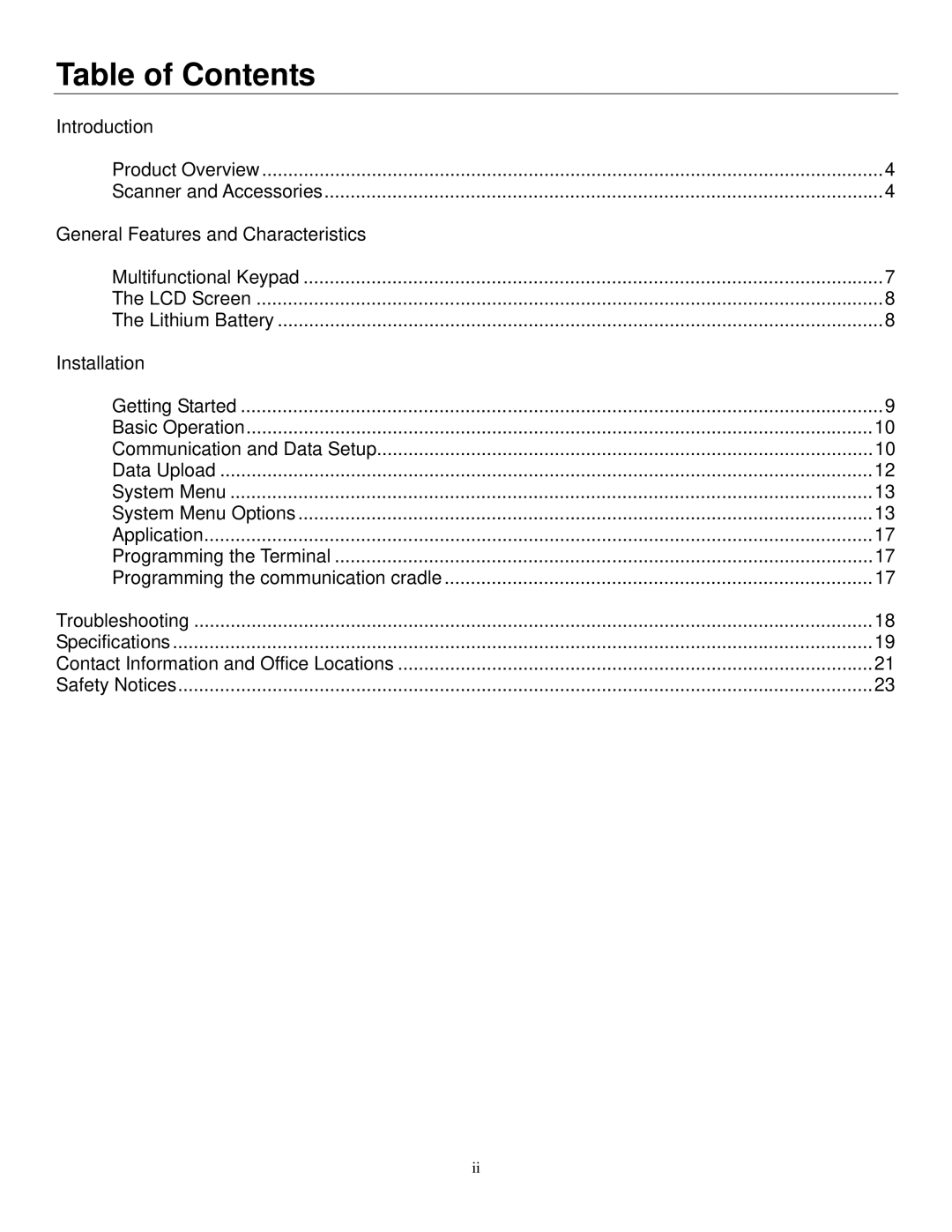 Metrologic Instruments SP5600 manual Table of Contents 