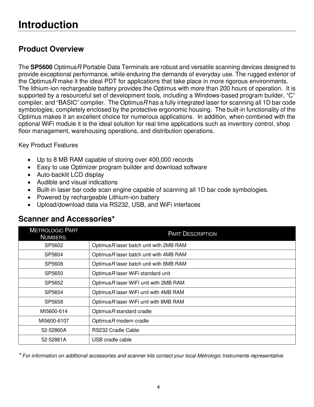 Metrologic Instruments SP5600 manual Introduction, Product Overview, Scanner and Accessories 