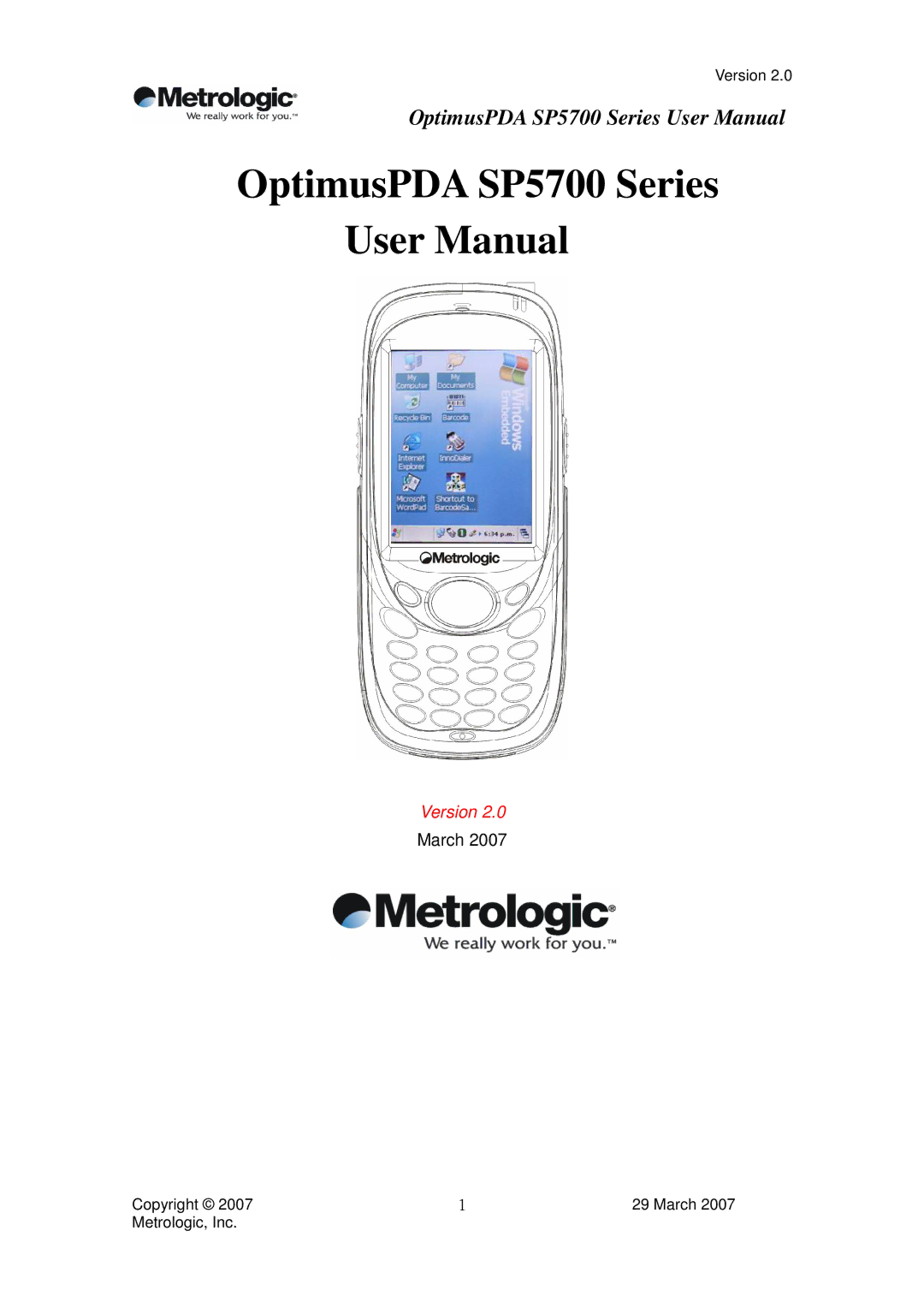 Metrologic Instruments user manual OptimusPDA SP5700 Series 