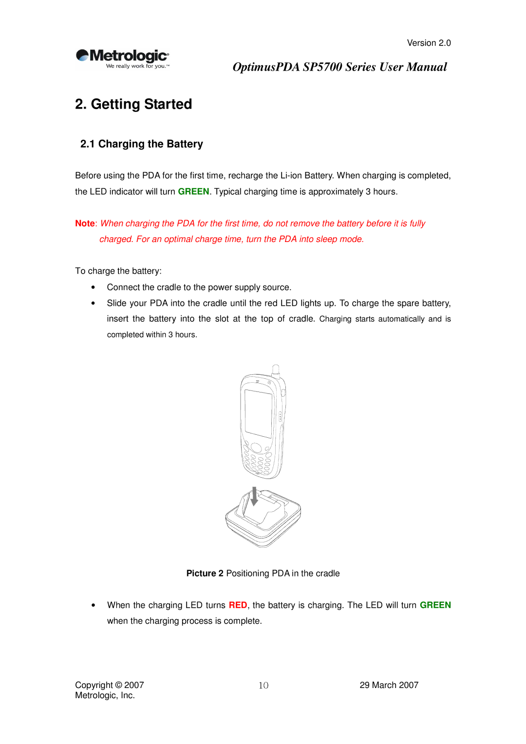 Metrologic Instruments SP5700 Series user manual Getting Started, Charging the Battery 