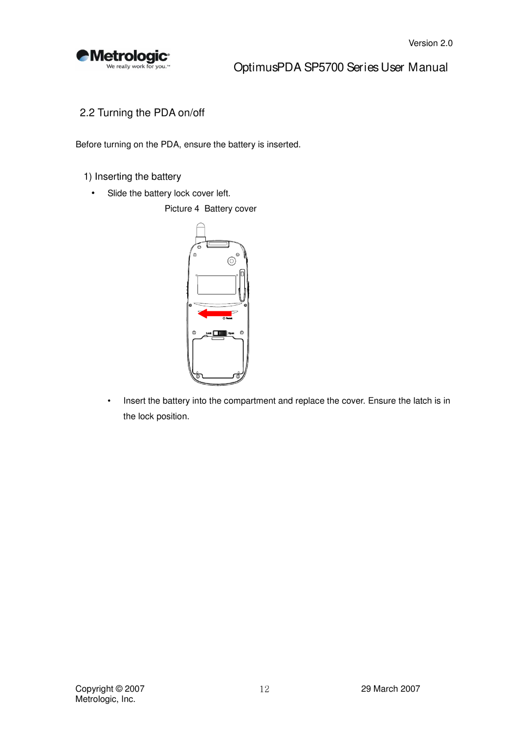 Metrologic Instruments SP5700 Series user manual Turning the PDA on/off, Inserting the battery 