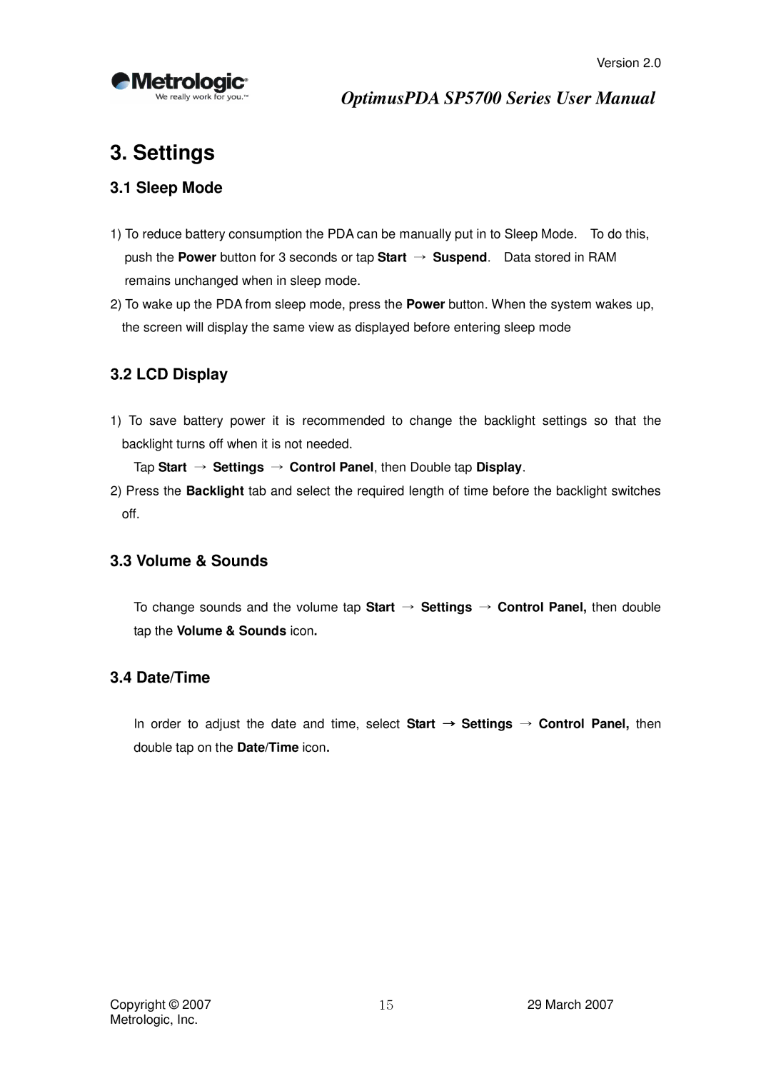 Metrologic Instruments SP5700 Series user manual Settings, Sleep Mode, Volume & Sounds, Date/Time 