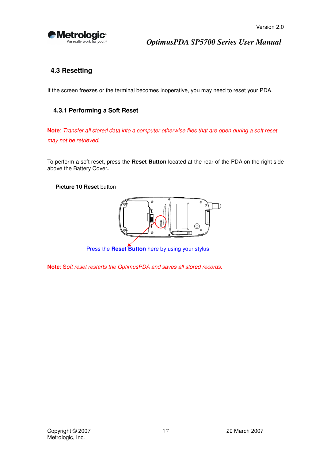 Metrologic Instruments SP5700 Series user manual Resetting, Performing a Soft Reset, Picture 10 Reset button 