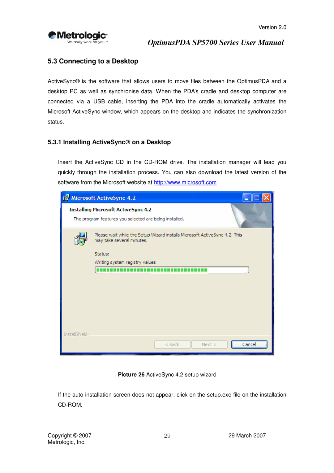 Metrologic Instruments SP5700 Series user manual Connecting to a Desktop, Installing ActiveSync on a Desktop 