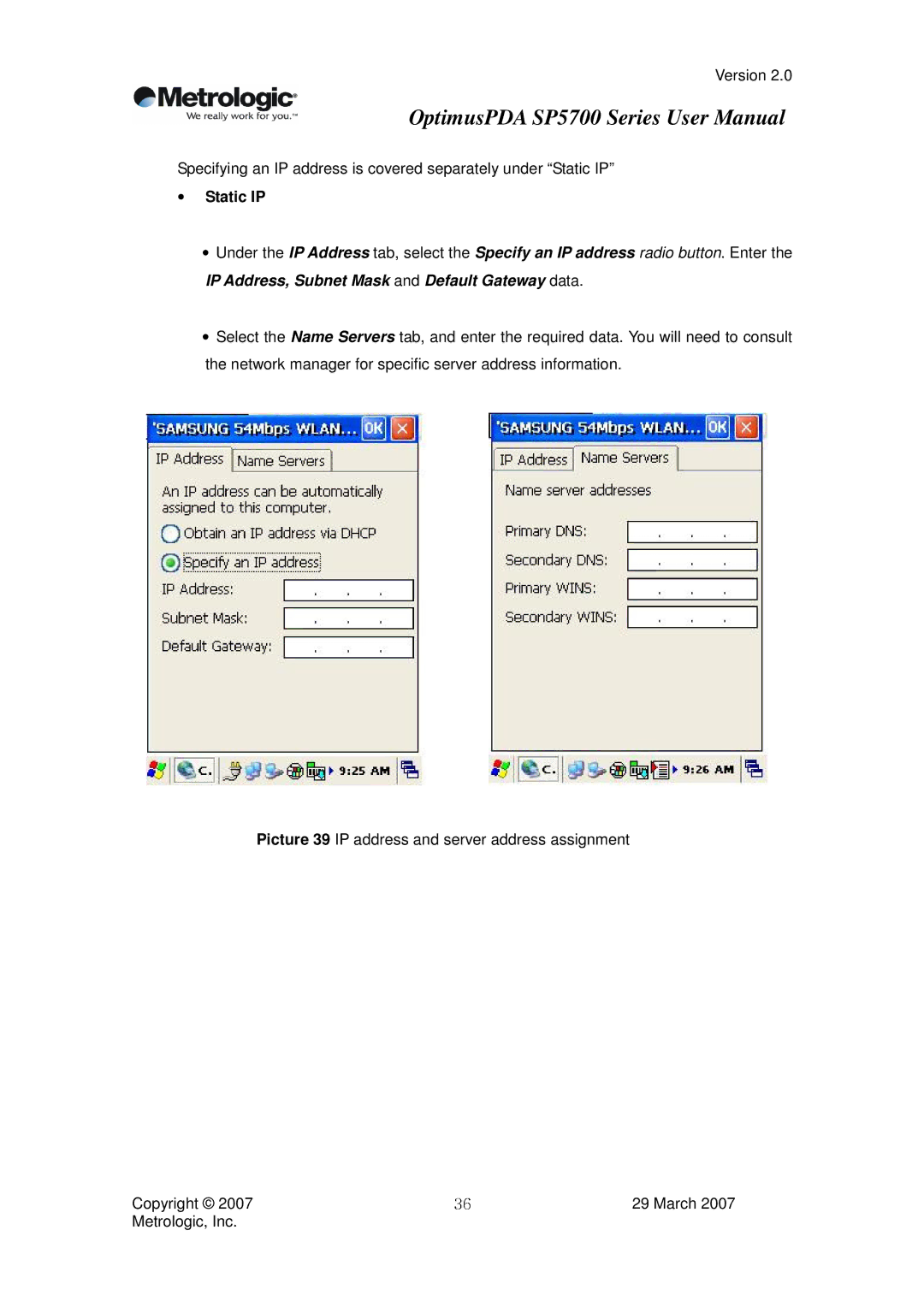 Metrologic Instruments SP5700 Series user manual Static IP, IP Address, Subnet Mask and Default Gateway data 