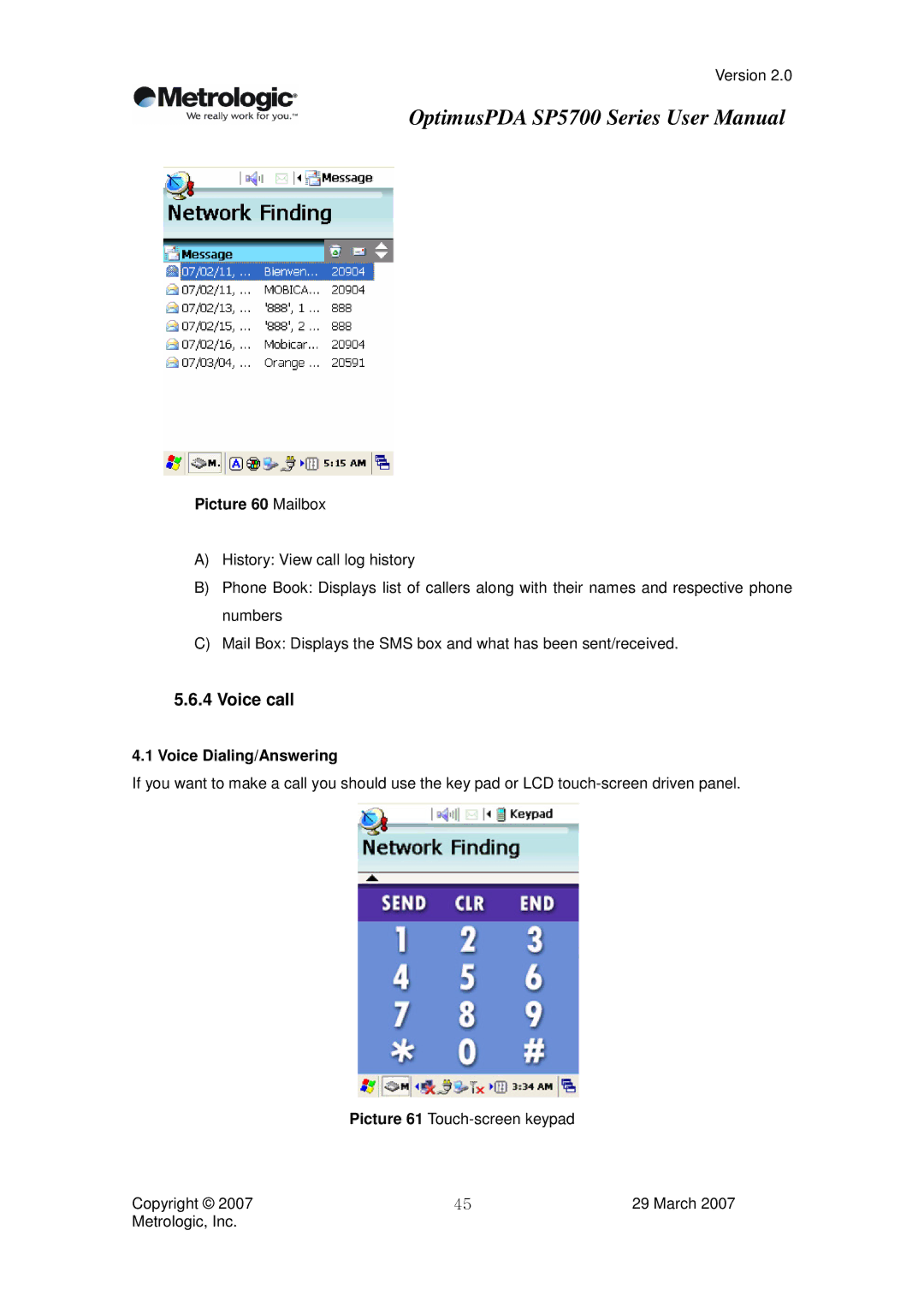 Metrologic Instruments SP5700 Series user manual Voice call, Picture 60 Mailbox, Voice Dialing/Answering 