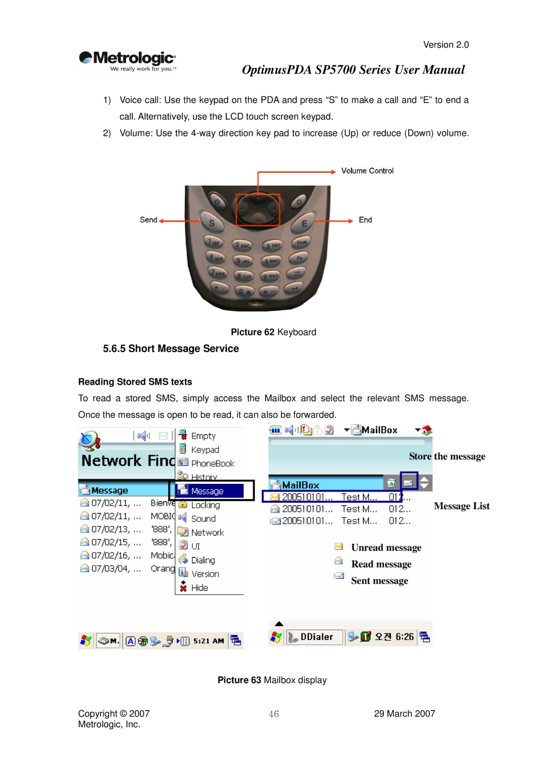 Metrologic Instruments SP5700 Series user manual Short Message Service, Picture 62 Keyboard, Reading Stored SMS texts 